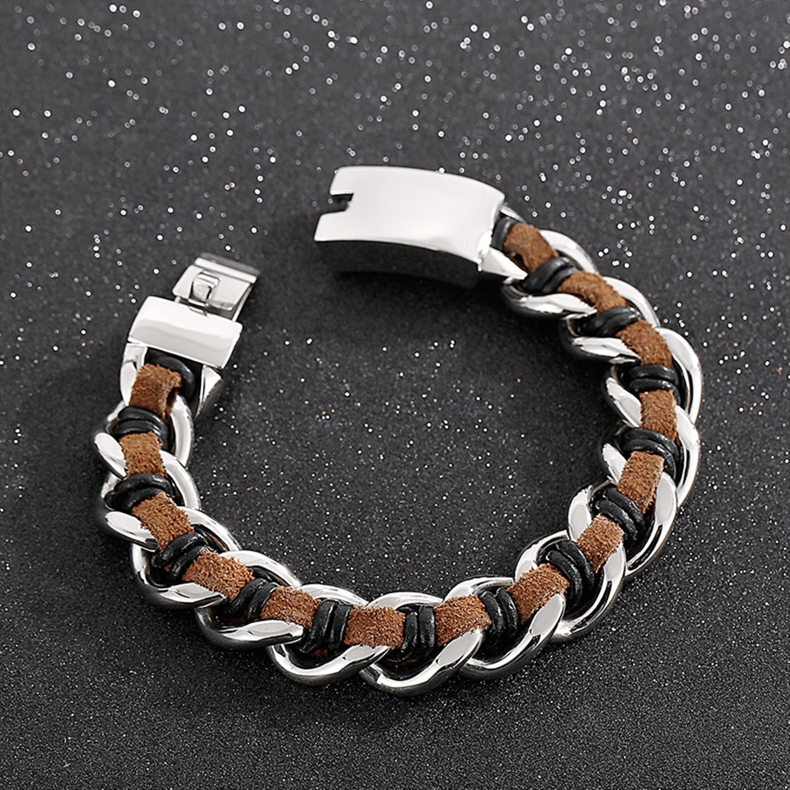 Bracelet Cuir, Bracelet Simple Marron Acier Inoxydable Cuir Maille Gourmette Mode Tressé Mariage Cadeau Bijoux Homme 21.5cmx16mm