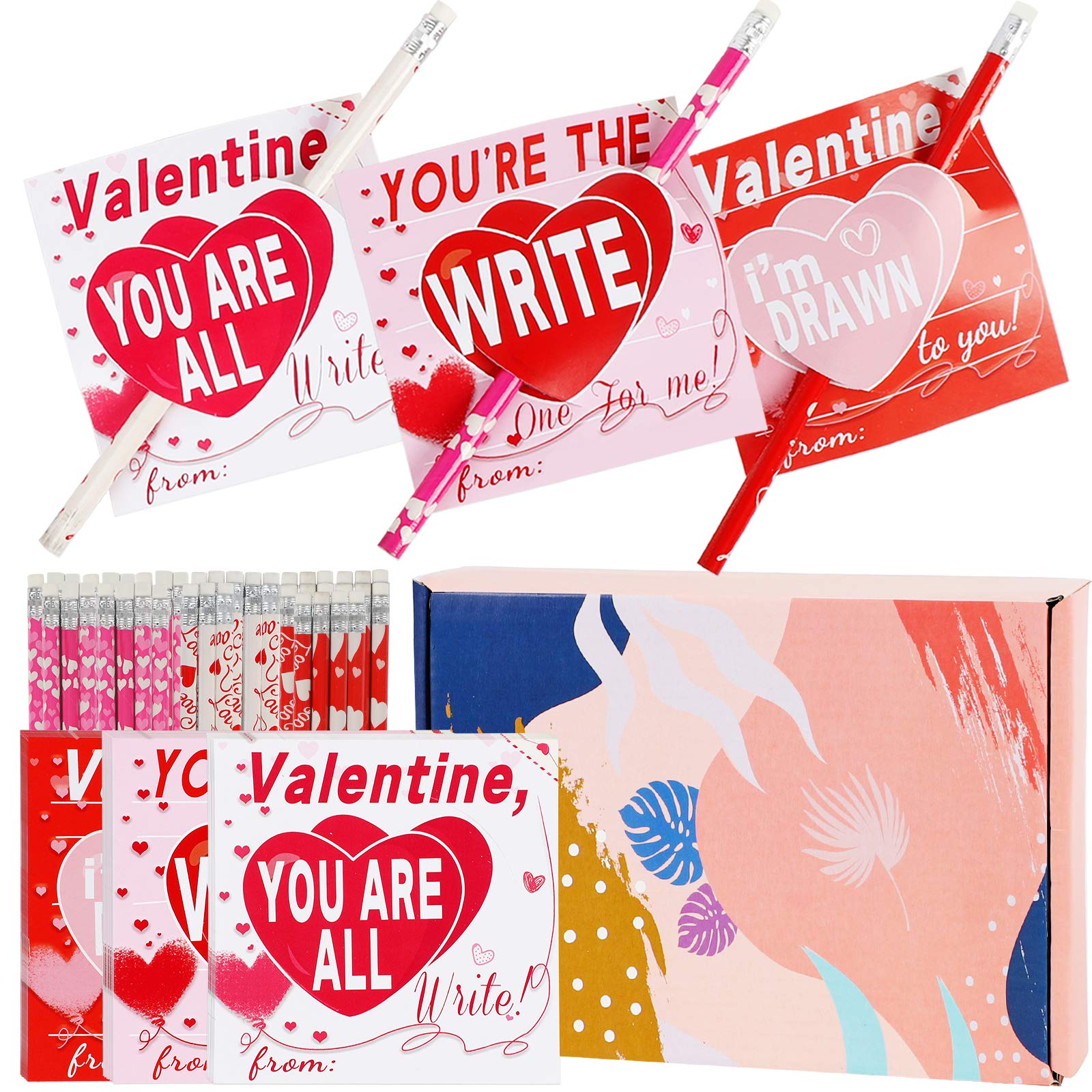 79 PCS Valentine's Day Pencils Toppers Cards for Kids with Heart Pencils Stationery Set Present Cards Classroom Exchange Treat Cards Goodie Gift for Kids Party Favor Supplies