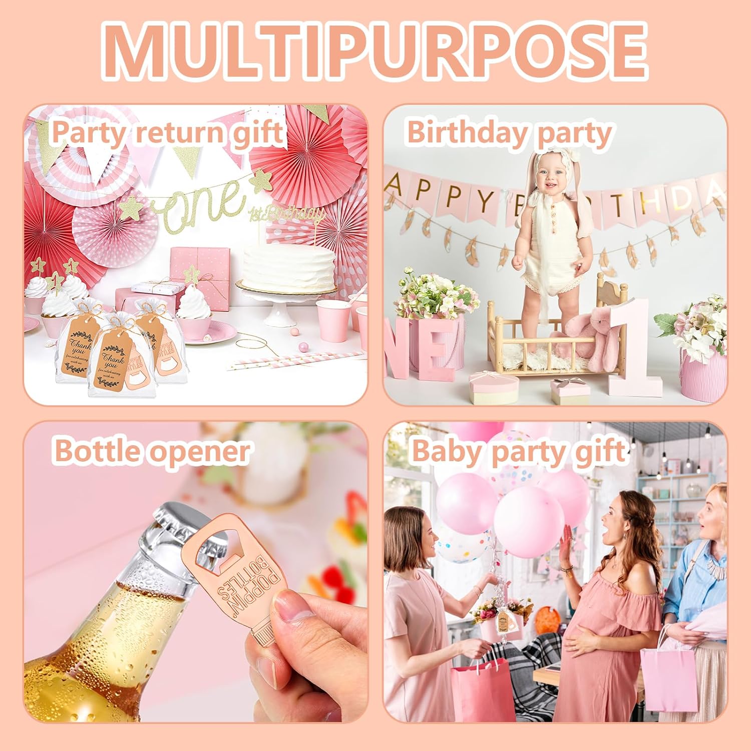 50pcs Poppin Bottle Openers, Baby Shower Party Return Gifts Favors for Guests, Souvenirs with Gift Tags and White Bags in Bluk(Rose Golden)