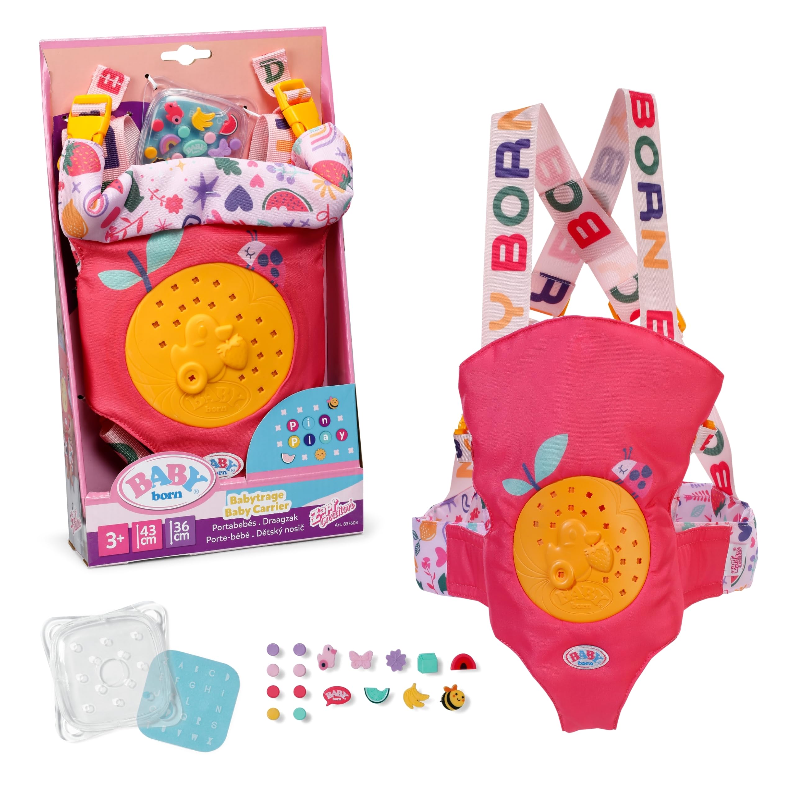 BABY born Babytrage Pin-Play für Puppen - Inkl. verstellbarem Gurtsystem für verschiedene Kindergrößen & Box mit Pins zum Verzieren - Für 36cm & 43cm Puppen - Hochwertiges Puppenzubehör