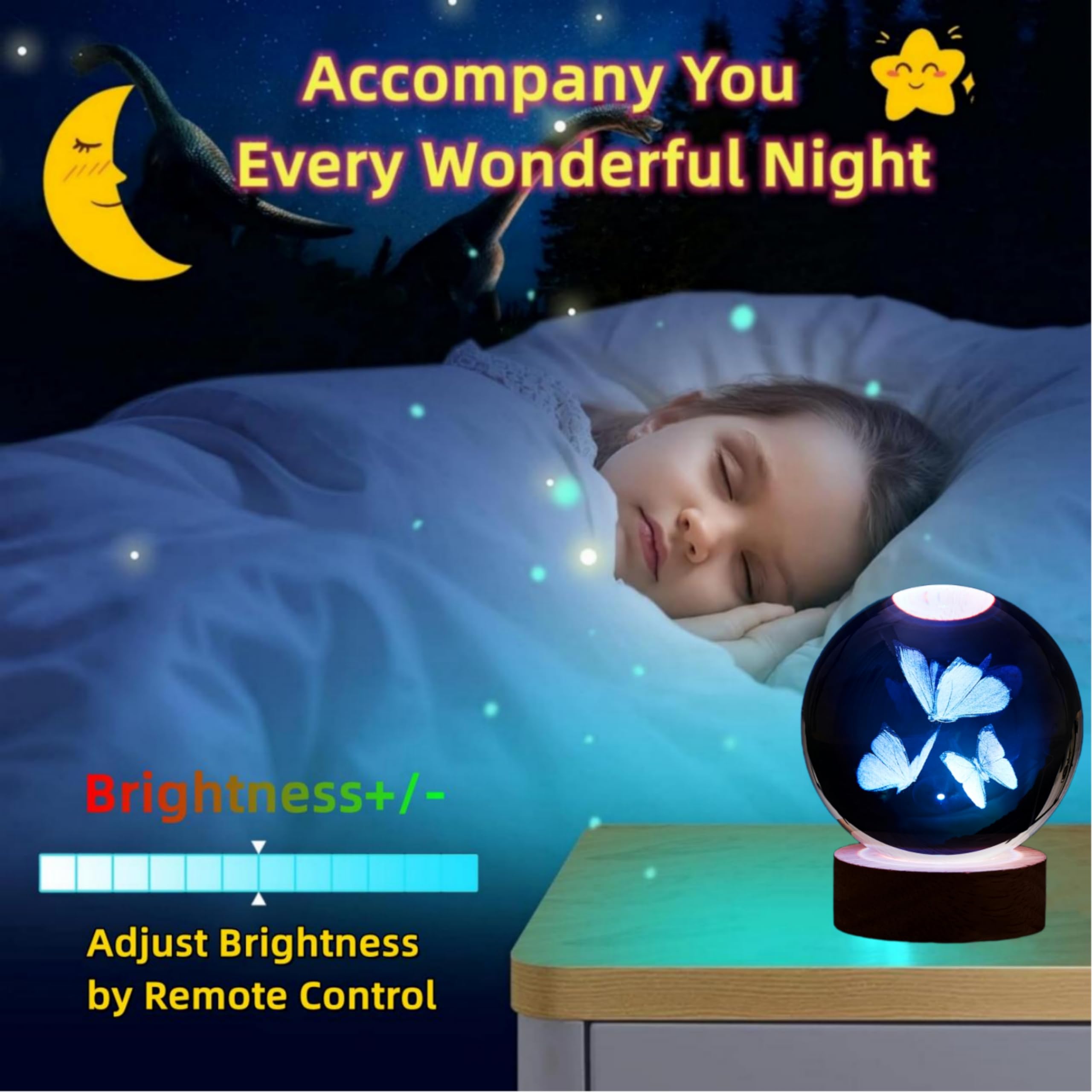 DIGFPWT Butterfly Crystal Ball Night Light, 3.15 Inch 3D