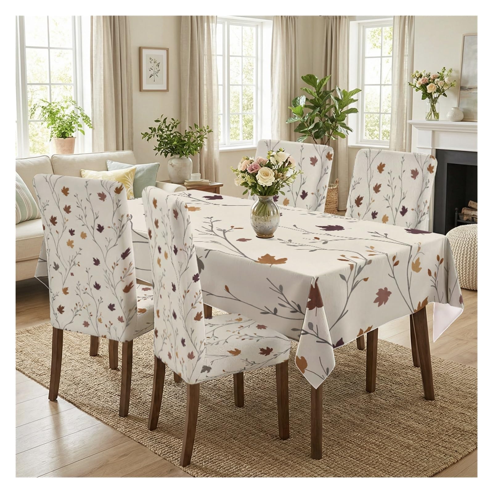 BOSUYBN Minimal Fall Maple Leaf Twig Printed Dining Tablecloth & Chair Covers Set, 5/7 Piece Neutral Autumn Farmhouse Home Decor Table Setting(5pcs Set: Tablecloth+Chair Covers)