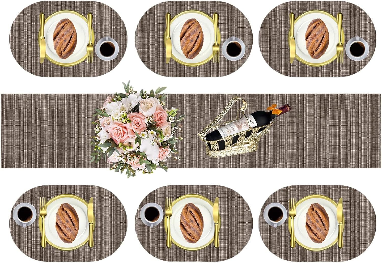 Table Runner 1 and Placemats Set of 6 7PCS Oval Vinyl Heat Resistant