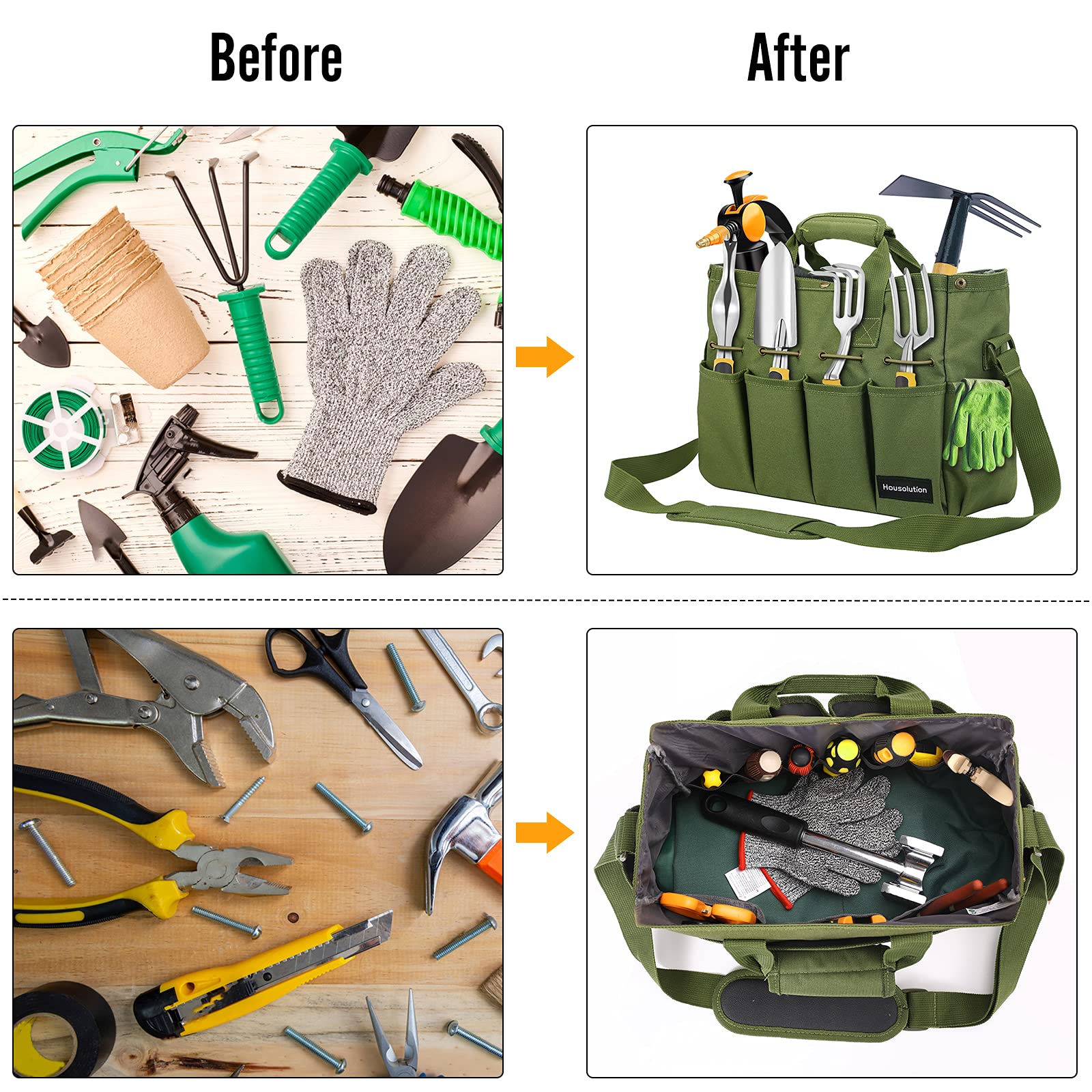 Housolution Borsa Portaoggetti da Giardino con Tracolla Regolabile, Borsa per Attrezzi da Giardinaggio con Manico in Poliestere 900D Multi-Tasca Porta Utensili Grande Capacità per Giardiniere, Verde