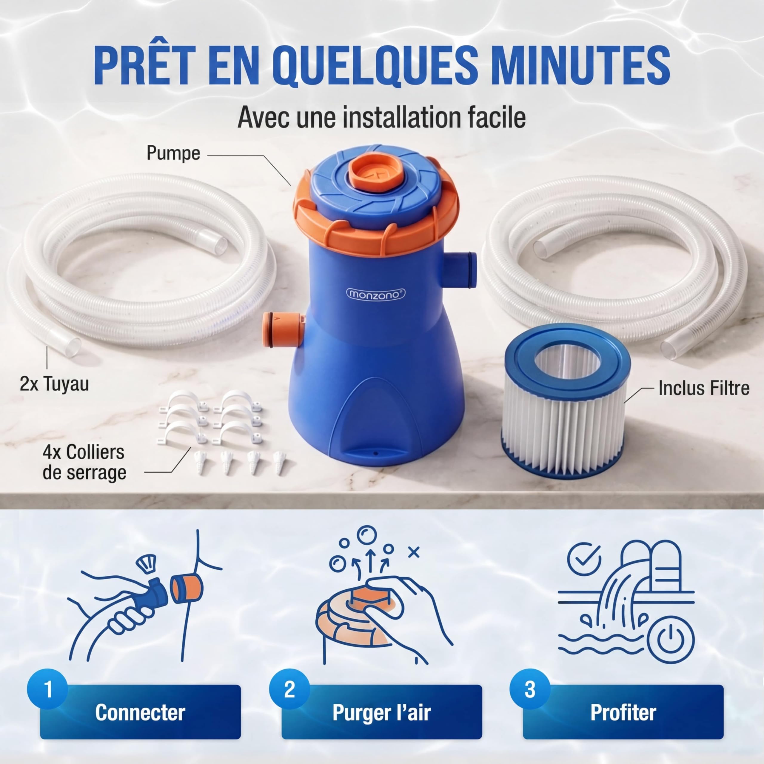 Monzana Pompe de Filtration pour Piscine MZP90 3.800 l/h Puissance 90W Cartouche de Filtration filtrante tuyaux Pompe Piscine Eau