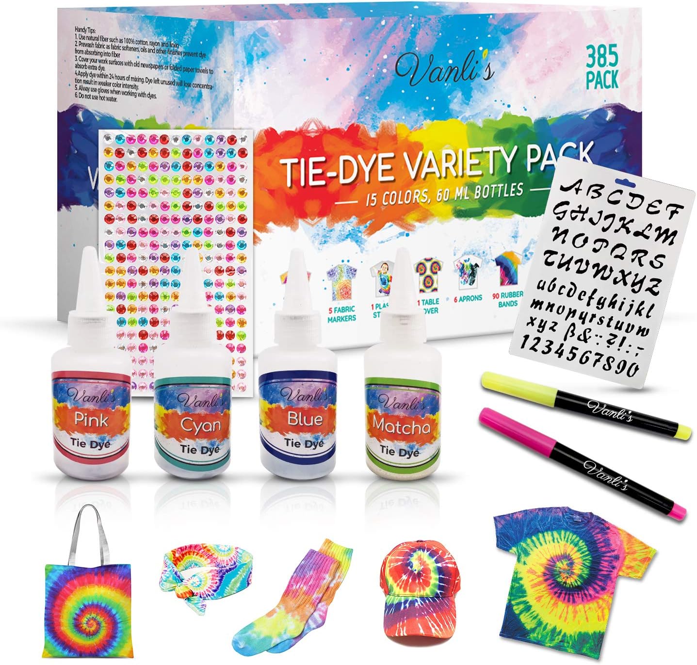 Tie Dye Kit -15 Colors with 5 Fabric Markers, Stencil and 260 Adhesive Gem Stickers. 385 Variety Pack Complete with Aprons, Gloves, Rubber Bands and A Plastic Table Cover