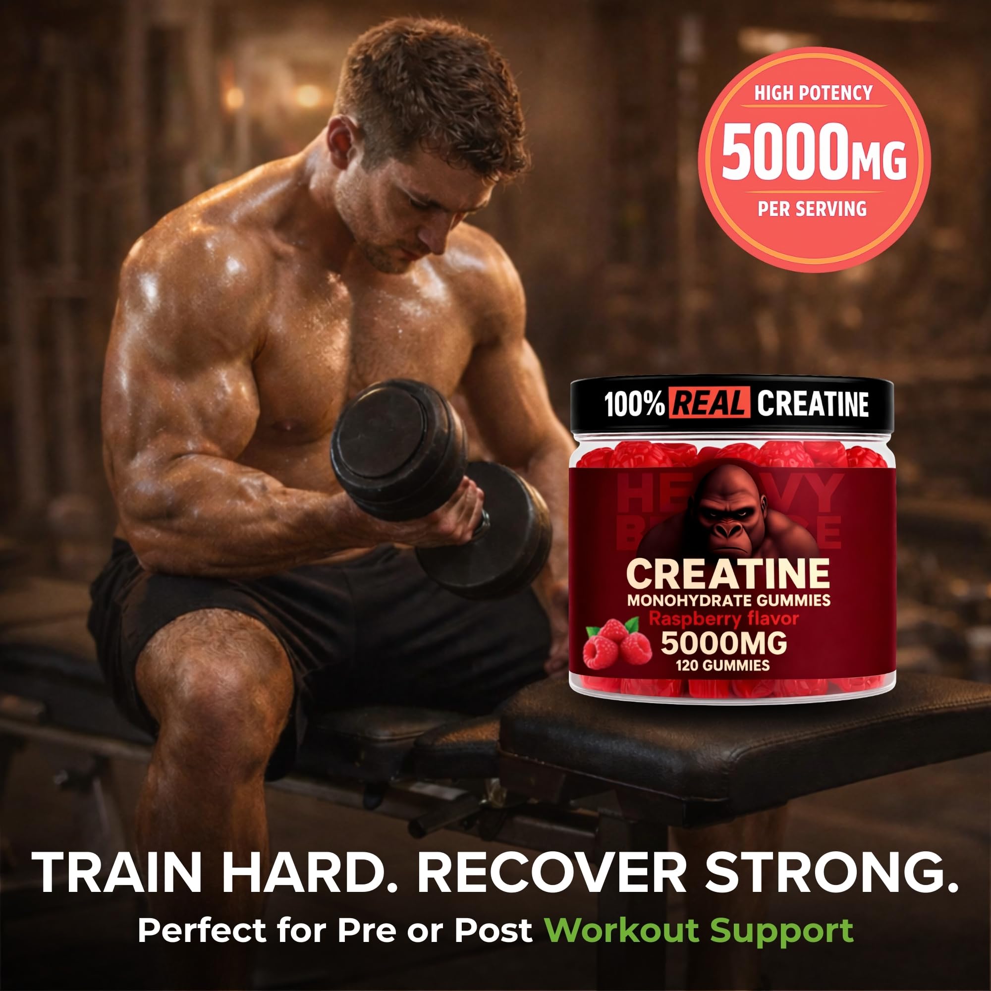 Creatine Monohydrate Gummies 5g Sugar Free Creatine with Vitamin B12 and L-Taurine | Muscle Growth for Men and Women | Low Calorie Formula 120 Gummies for 30 Servings, Raspberry — Amazon image 4