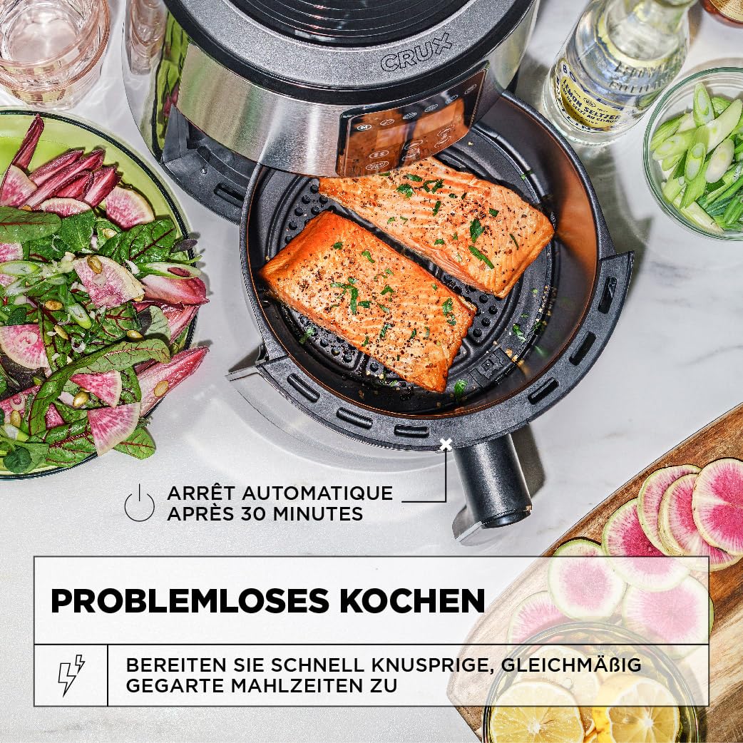 Crux 3 l digitale Heißluftfritteuse, schnelleres Vorheizen, ölfreies Frittieren, spülmaschinenfeste Antihaft-Pfanne und Bratgestell, Edelstahl