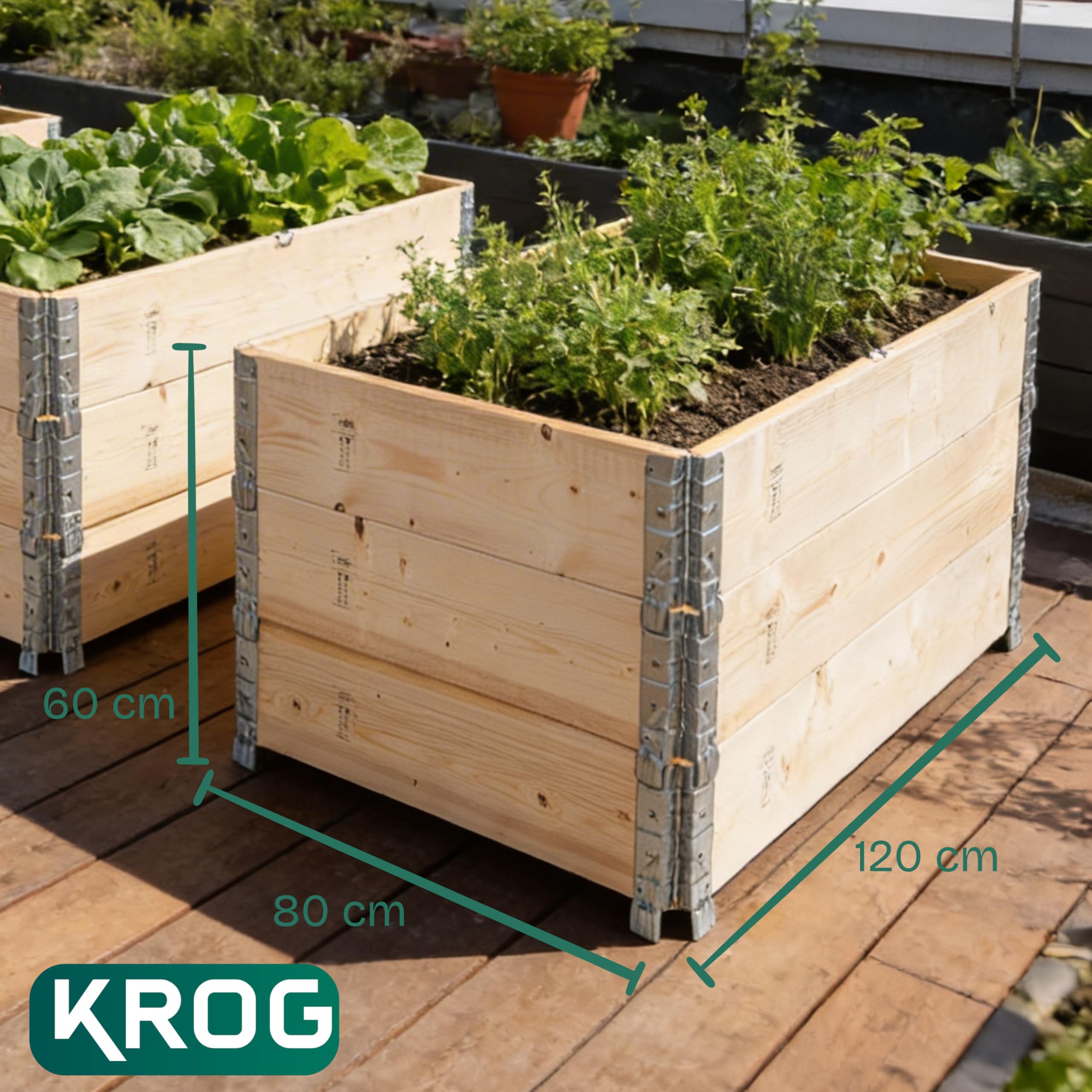 Krog® Hochbeet Holz 120x80x60 cm aus stabilem Palettenrahmen – stapelbares Hochbeete-Kit für Garten – ideal als Gemüsebeet, Kräuterbeet oder erweiterbar zum Hochbeet mit Frühbeetaufsatz
