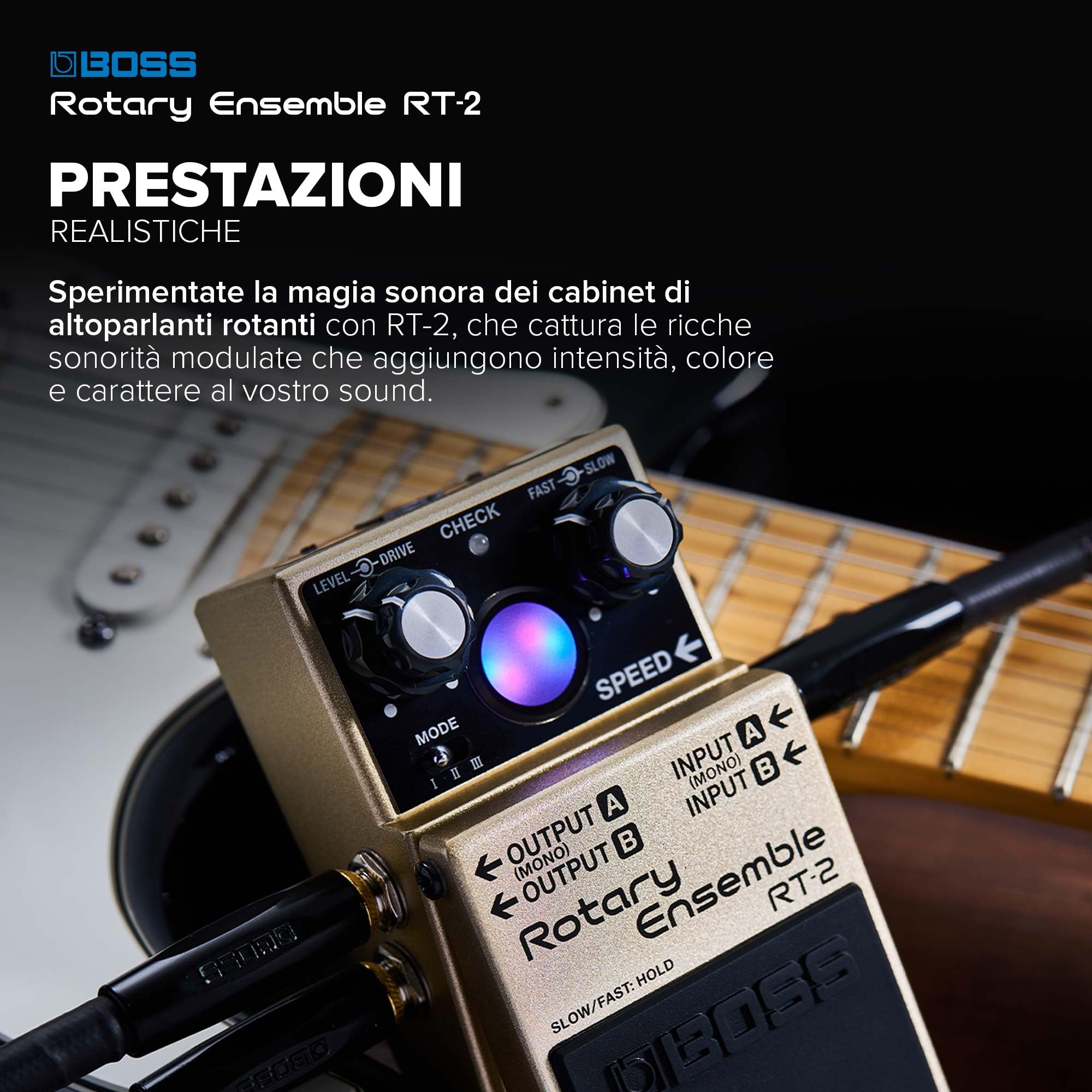 BOSS RT-2 | Pedale Compatto Rotary Ensemble | I veri suoni di altoparlante rotante | Dedicato alla chitarra e alle tastiere | 3 modalità versatili | Vari effetti di modulazione in uno