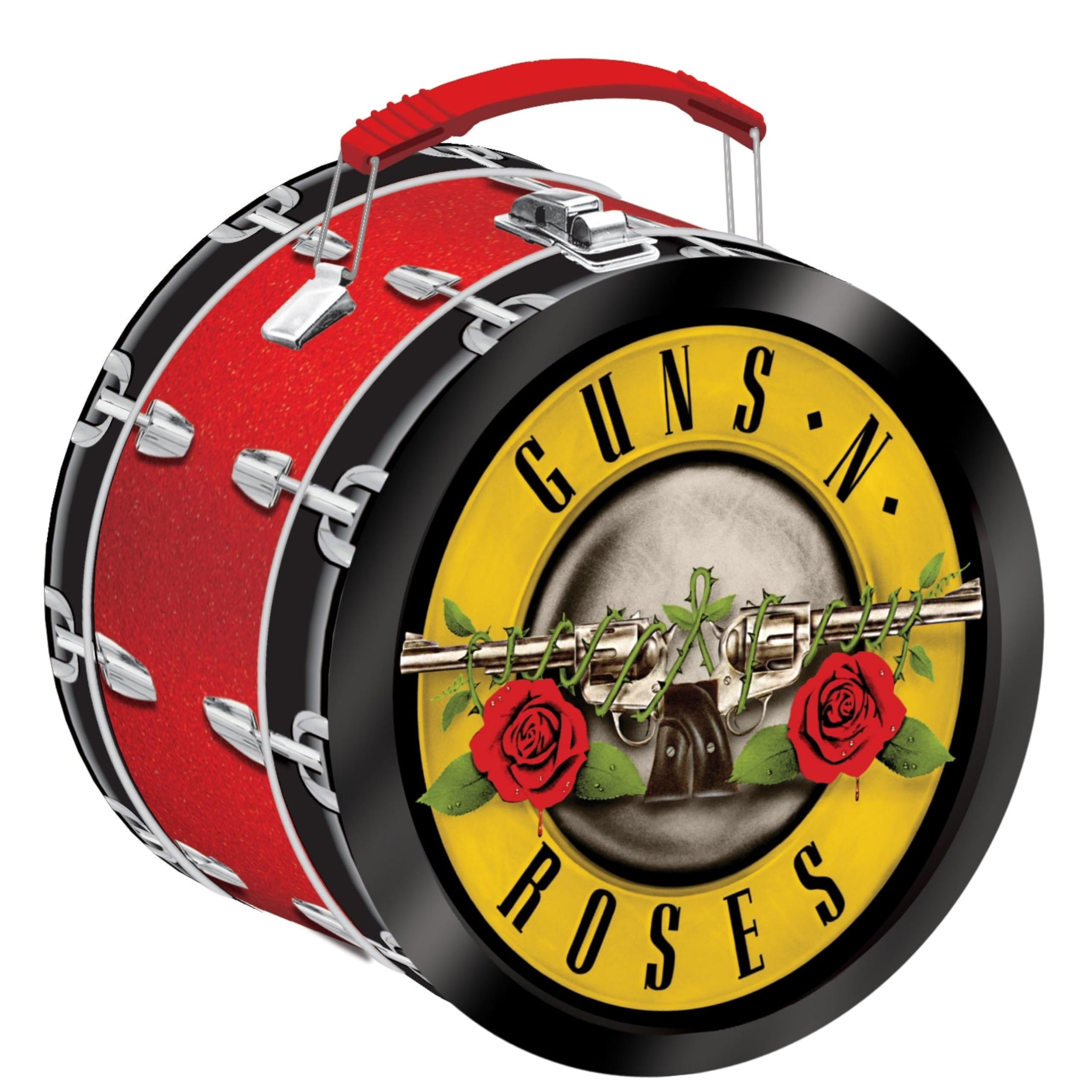 AQUARIUS Guns N Roses Drum Shaped Fun Box - Sturdy Tin Storage Box with Plastic Handle & Embossed Front Cover - Officially Licensed Guns N' Roses