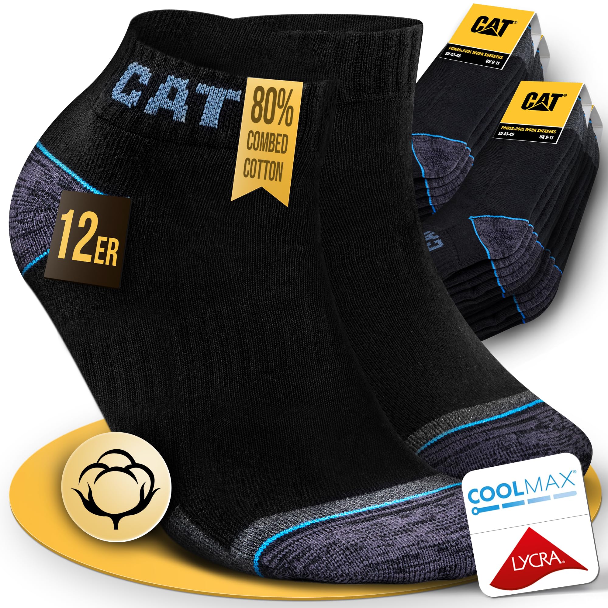 CAT CATERPILLAR POWER & COOL WORK SNEAKERS Lot de 12 paires de baskets, chaussettes de travail, chaussettes de travail, tailles 39-42, 43-46, 47-50