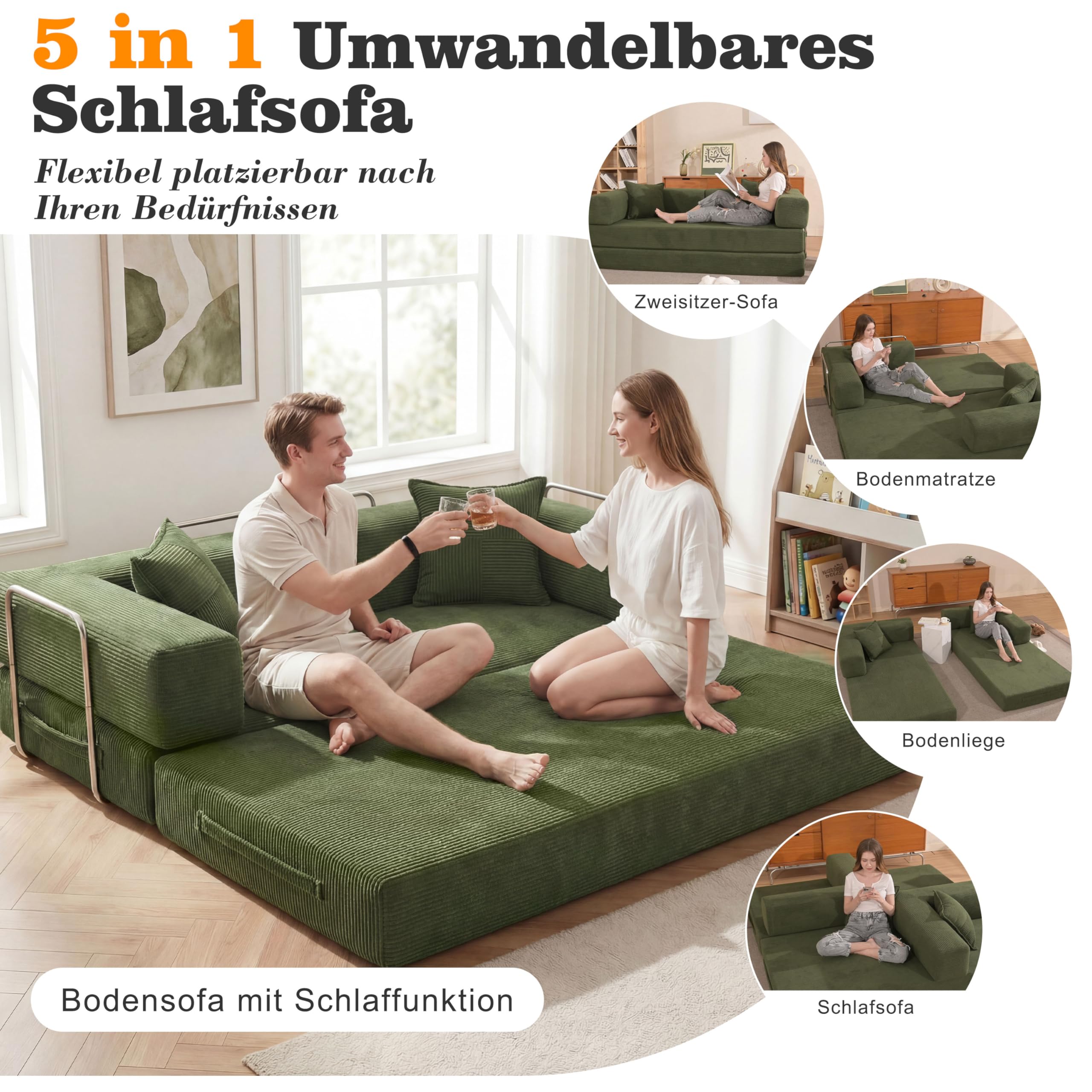 Vipbear Sofá Cama Pana 200×100×70 cm, sofá de Suelo transformable 5 en 1, Espuma de Alta Densidad, Apto para Mascotas y ergonómico, sin Montaje, Verde