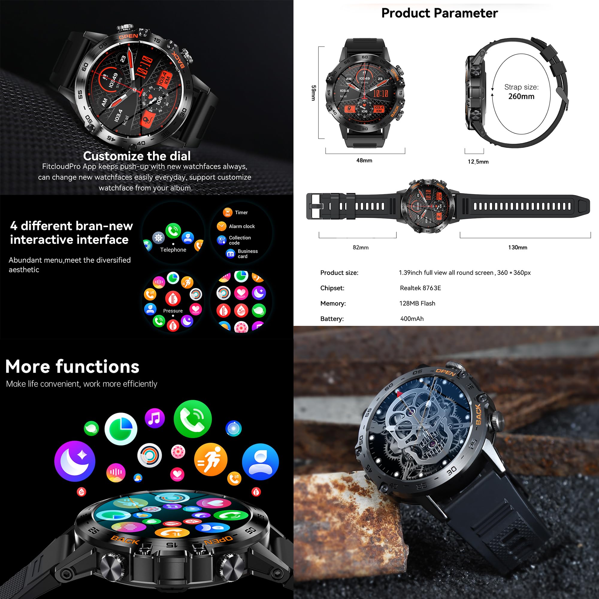 Smartwatch Uomo 1,39” AMOLED Chiamate e Risposta Bluetooth, 3 Bracciali, 123 Sport Smartwatch Cardiofrequenzimetro Pressione Sanguigna Monitoraggio del Sonno Orologio Fitness per Android iOS (Nero)