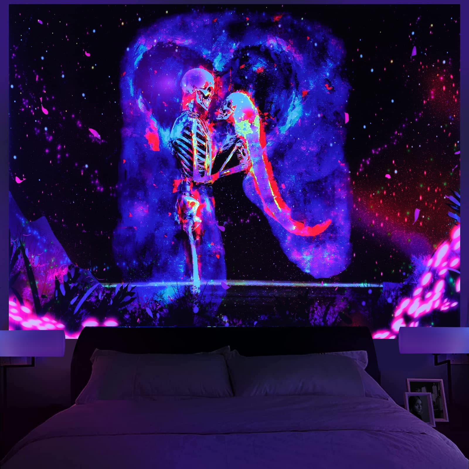 Blacklight Skull Tapestry,Aesthetic Halloween Skeleton Hippie