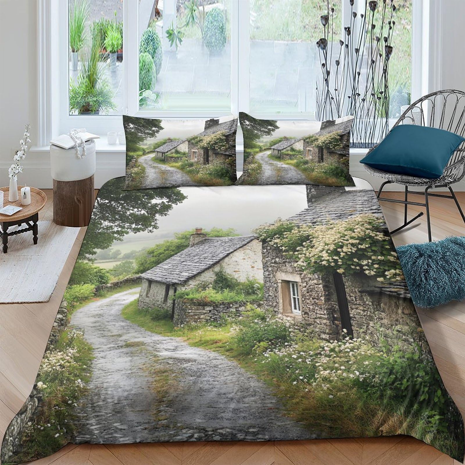 Ctjqhvkz Style-7 3D Printed Countryside Path Fitted Sheet Microfiber Soft Breathable Cottage Rustic Bed Cover For Bedroom Dorm Decor Single（135X200cm）