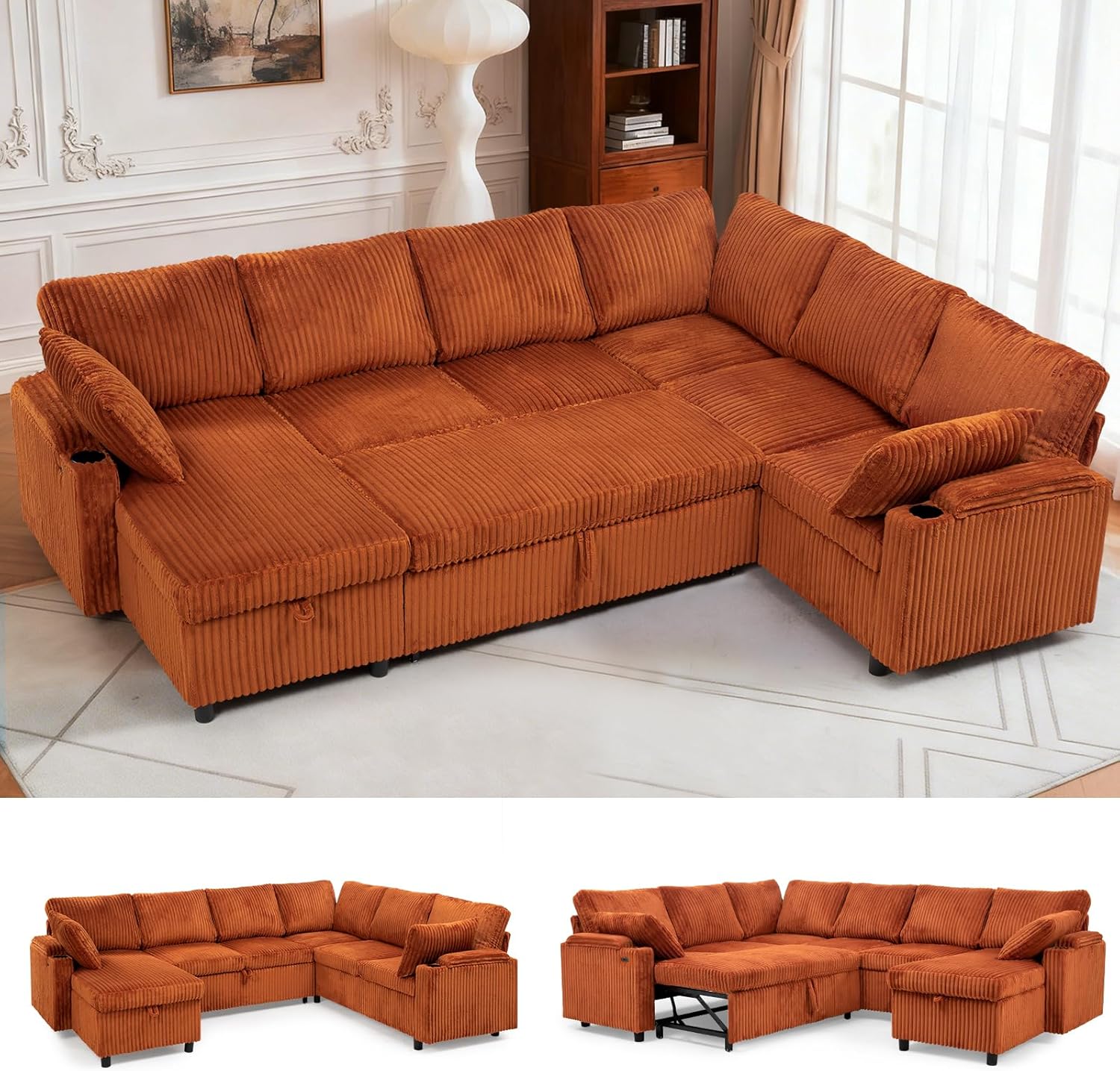110” Corduroy Sectional Sofa w/Pull Out Bed & Storage
