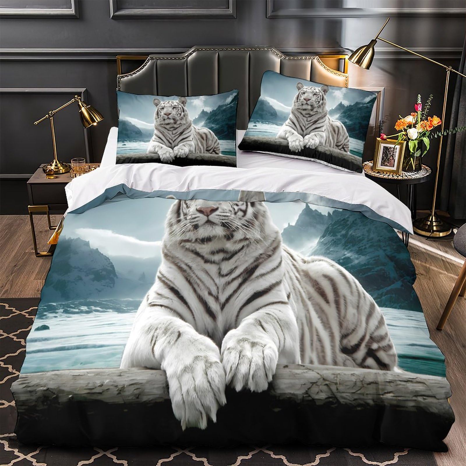 Housse de couette tigre blanc anti-allergique microfibre pour enfant
