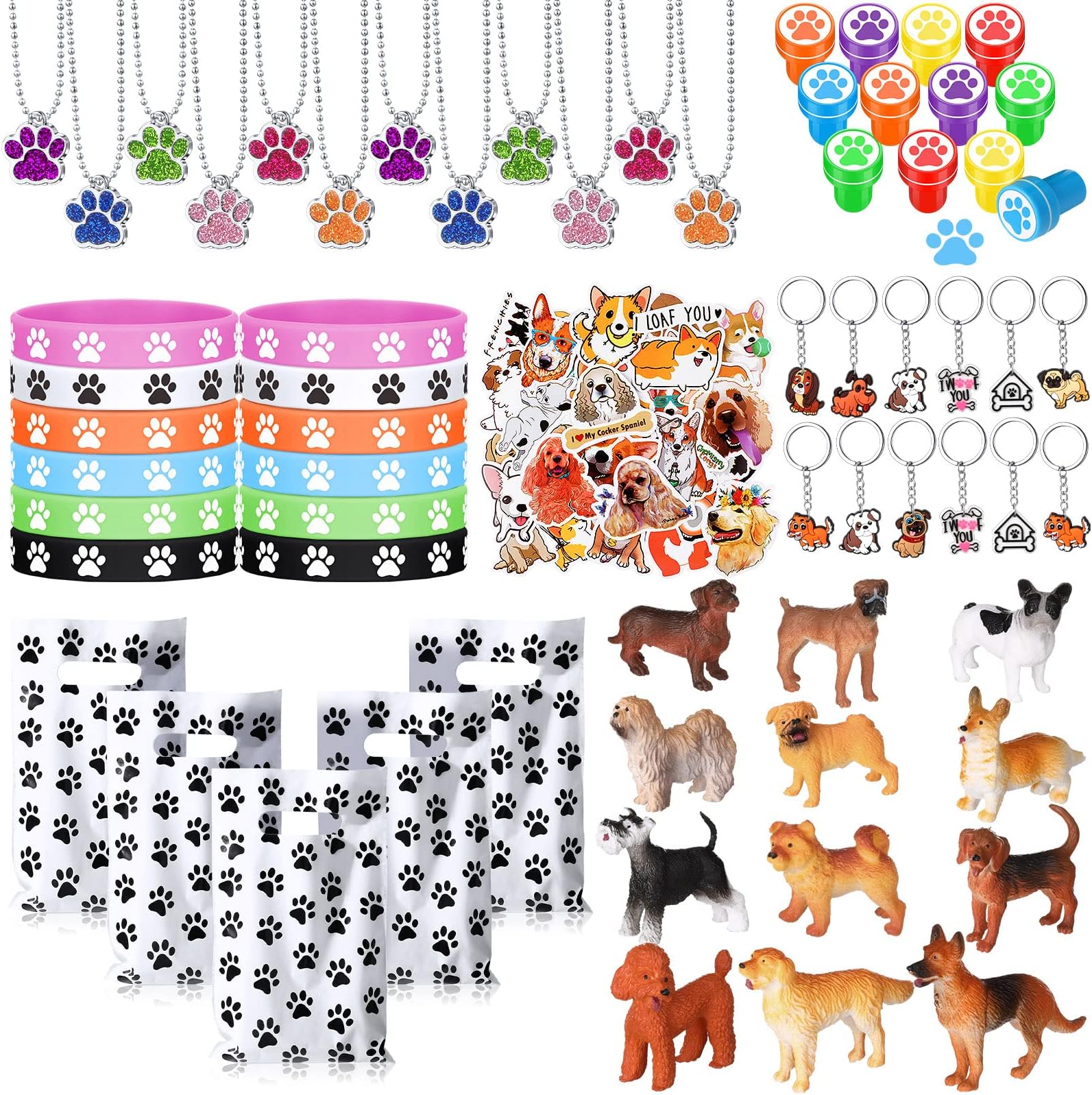 142 Pcs Dog Party Favors Include 20 Paw Party Favor Bags 12 Silicone Dog Paw Print Bracelet 12 Puppy Key Chain 50 Stickers 12 Dog Necklace 12 Pendants 12 Dog Stamp 12 Mini Puppy Toys for Party