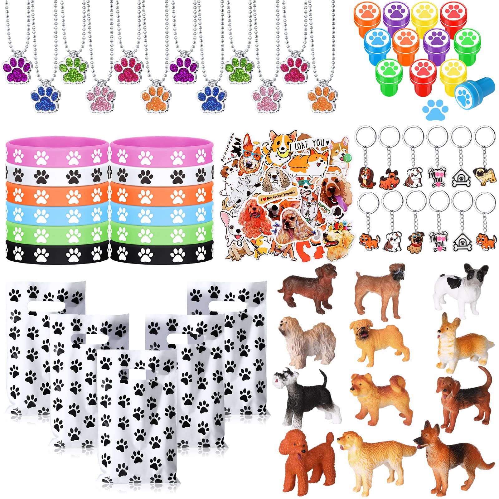 142 Pcs Dog Party Favors Include 20 Paw Party Favor Bags 12 Silicone Dog Paw Print Bracelet 12 Puppy Key Chain 50 Stickers 12 Dog Necklace 12 Pendants 12 Dog Stamp 12 Mini Puppy Toys for Party