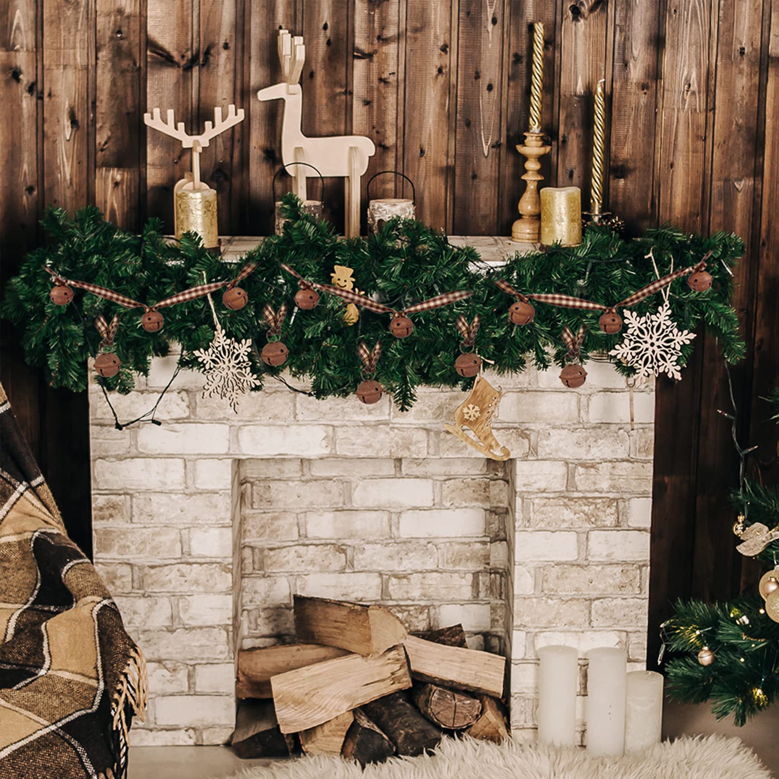 6 Meter Weihnachts-Girlande mit rostigen Schlittenglocken, primitives Metall, rostige Glöckchen und Gingham-Band, hängende Girlande für Bauernhaus, Vintage, Winter, Urlaubsdekoration