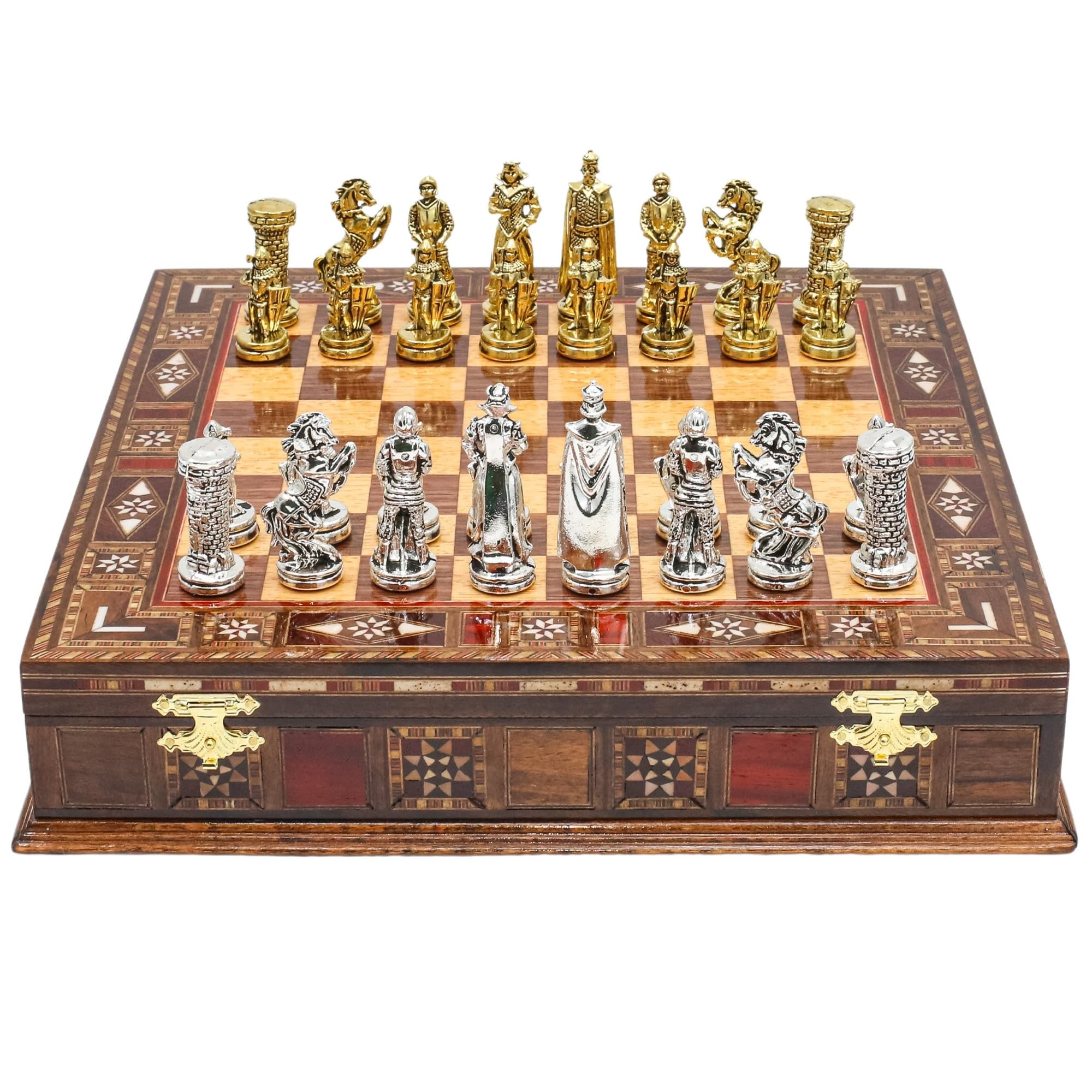 Handmade Storage Chess Set with Medieval British Army Pieces | 12 Inch (30 Cm) | Historical Die Cast Metal Chessmen & Solid Wood Board