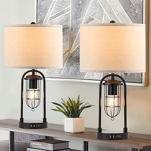 Juego de 2 lámparas de mesa de noche de 22 pulgadas con luz nocturna, juego de lámparas de mesa USB para sala de estar (cuatro bombillas incluidas)