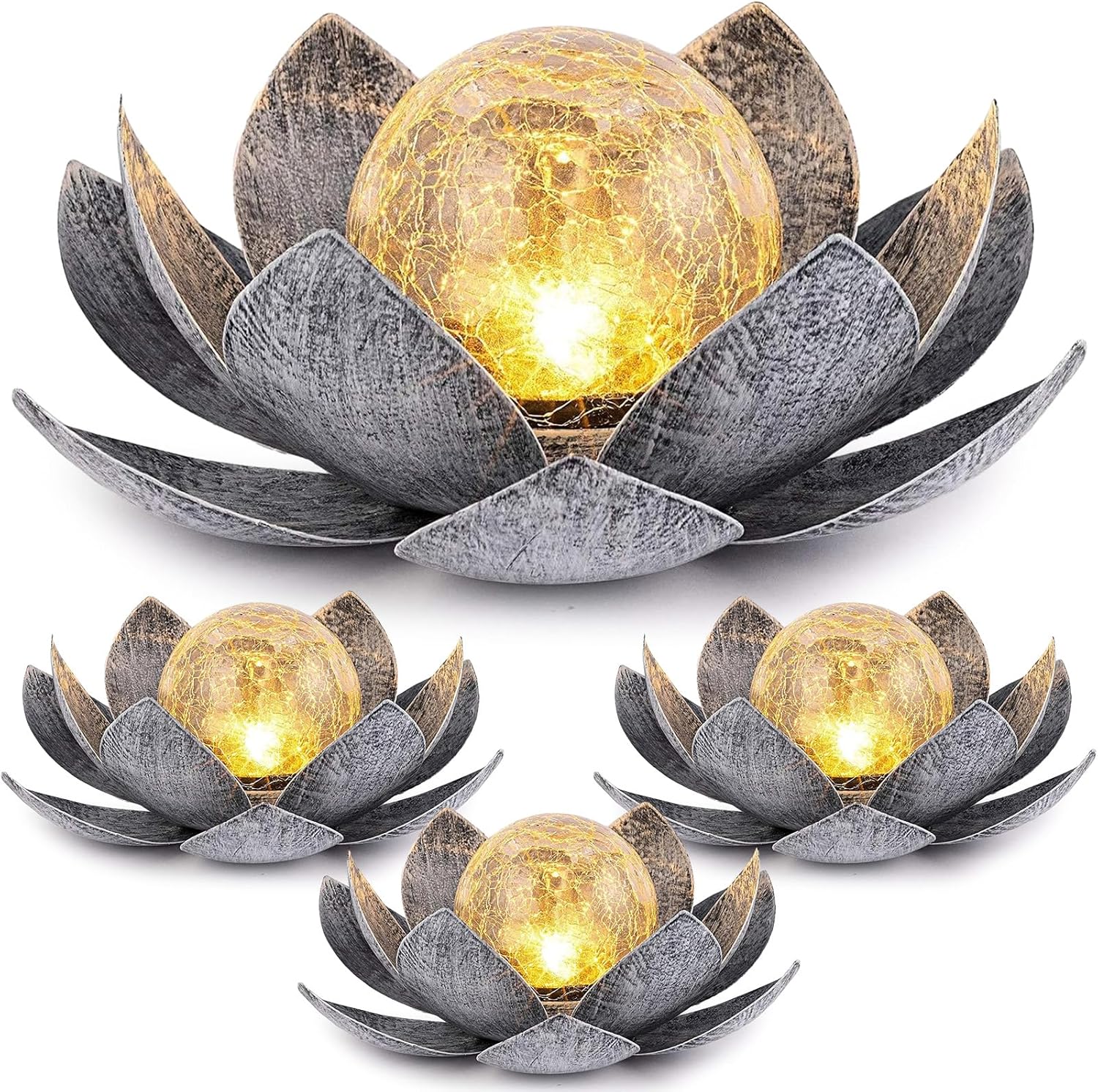 VIHOSE 4 Pcs Lotus Solar Light Outdoor LED Waterproof Art Globe Glass Decoration Outdoor Table Decor Garden Gifts Decorative Crackle Globe Glass Metal Lotus Flower for Patio Lawn(Silver)