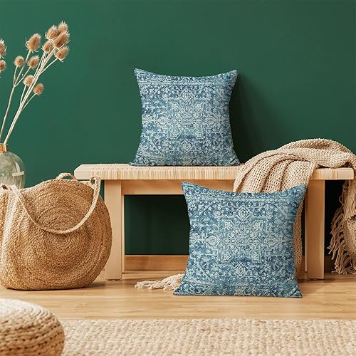 Miniatura 3 de Gohdiwh Juego de 2 fundas de almohada bohemias de 20 x 20 pulgadas, diseño de alfombra verde azulado, fundas decorativas de lino con diseño étnico