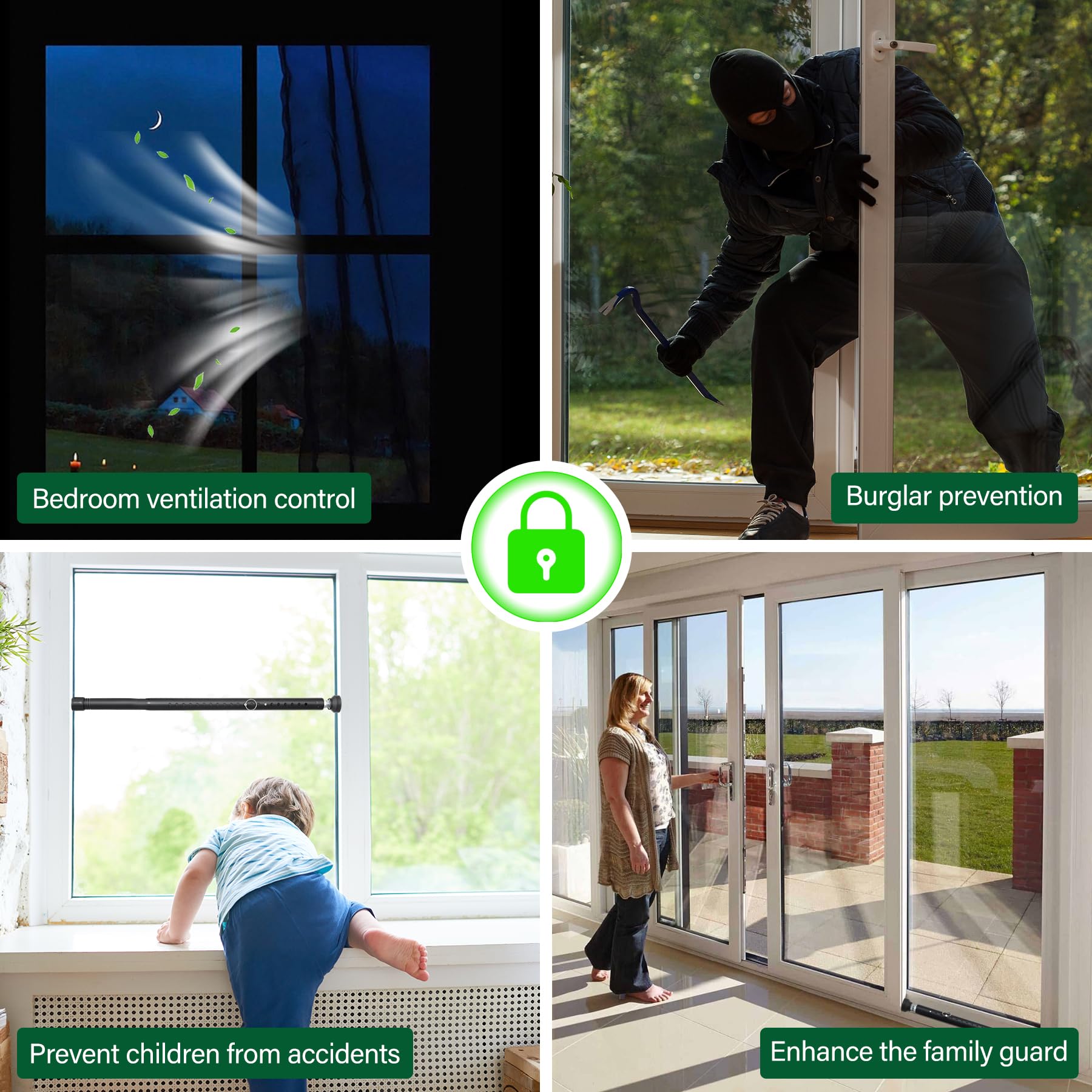 Cerraduras de ventana y barra de seguridad para puertas correderas, paquete de 2 cerraduras de seguridad ajustables para niños para ventanas arriba/abajo/horizontales y puertas corredizas de vidrio