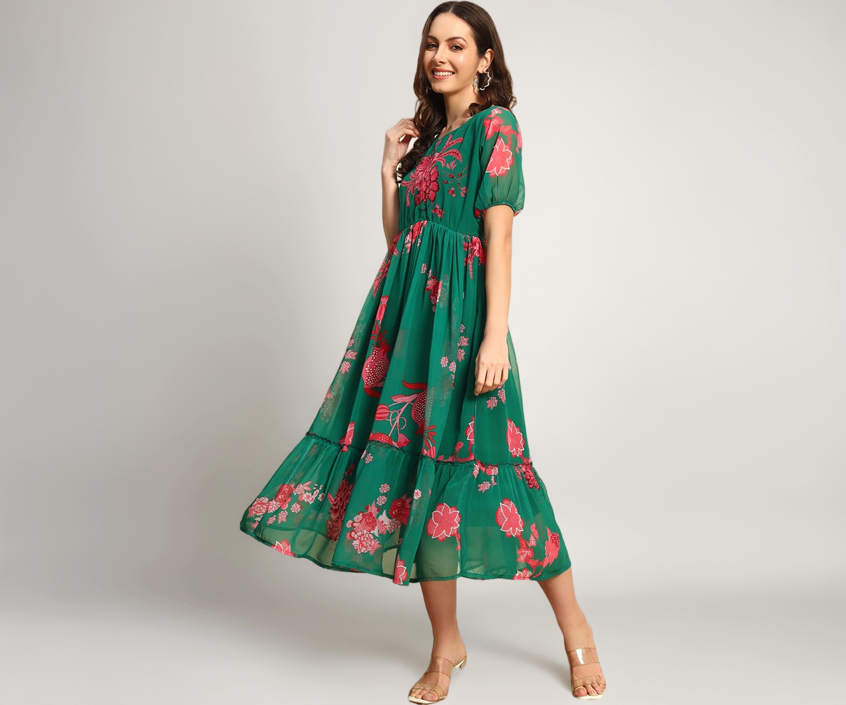 green dress with red flowers Buy Women's Floral Maxi Dress, V-Neck, Puff Sleeve, and Floral Print, Mid-Length (in, Alpha, M, Regular, Light Green) at portraet