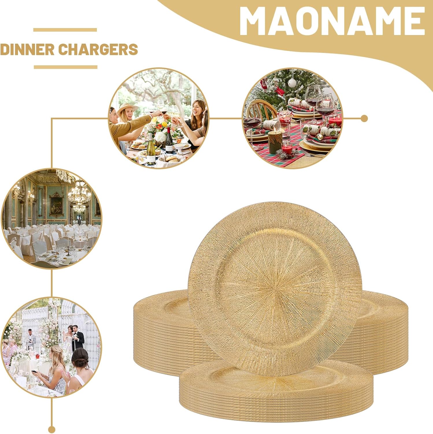 MAONAME 50 Pcs Charger Plates Bulk, 13 Inch Round Table Charger for Dinner Plates, Plastic Plate Chargers for Table Setting, Wedding, Party (Glitter Gold)