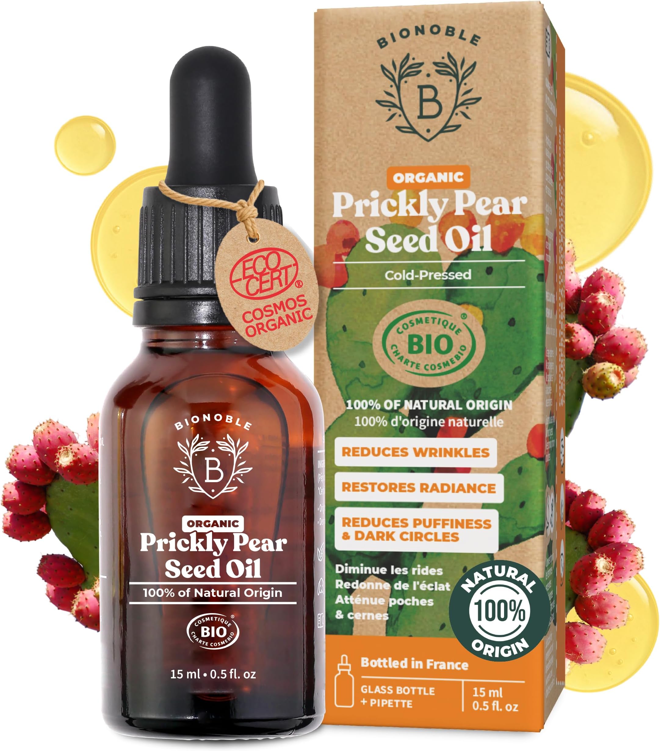 BIONOBLE Organic Prickly Pear Seed Oil, Cold-Pressed, 100% Pure, Hexane-Free - Moroccan Prickly Pear Oil for Face - Anti-Ageing, Reduces Wrinkles and Dark Circles - Glass Bottle with Pipette - 15ml