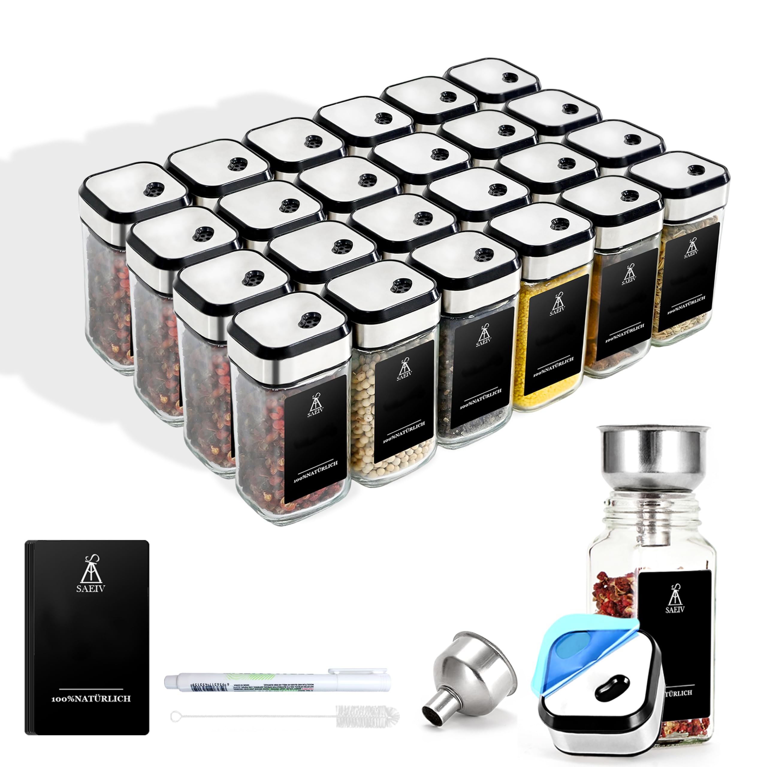 SAEIV Lot de 24 pots à épices en verre rotatif à 360° - Trois calibres - Réglable librement - 24 pots à épices avec étiquettes à épices - Organisation parfaite pour la cuisine - Boîtes à épices en