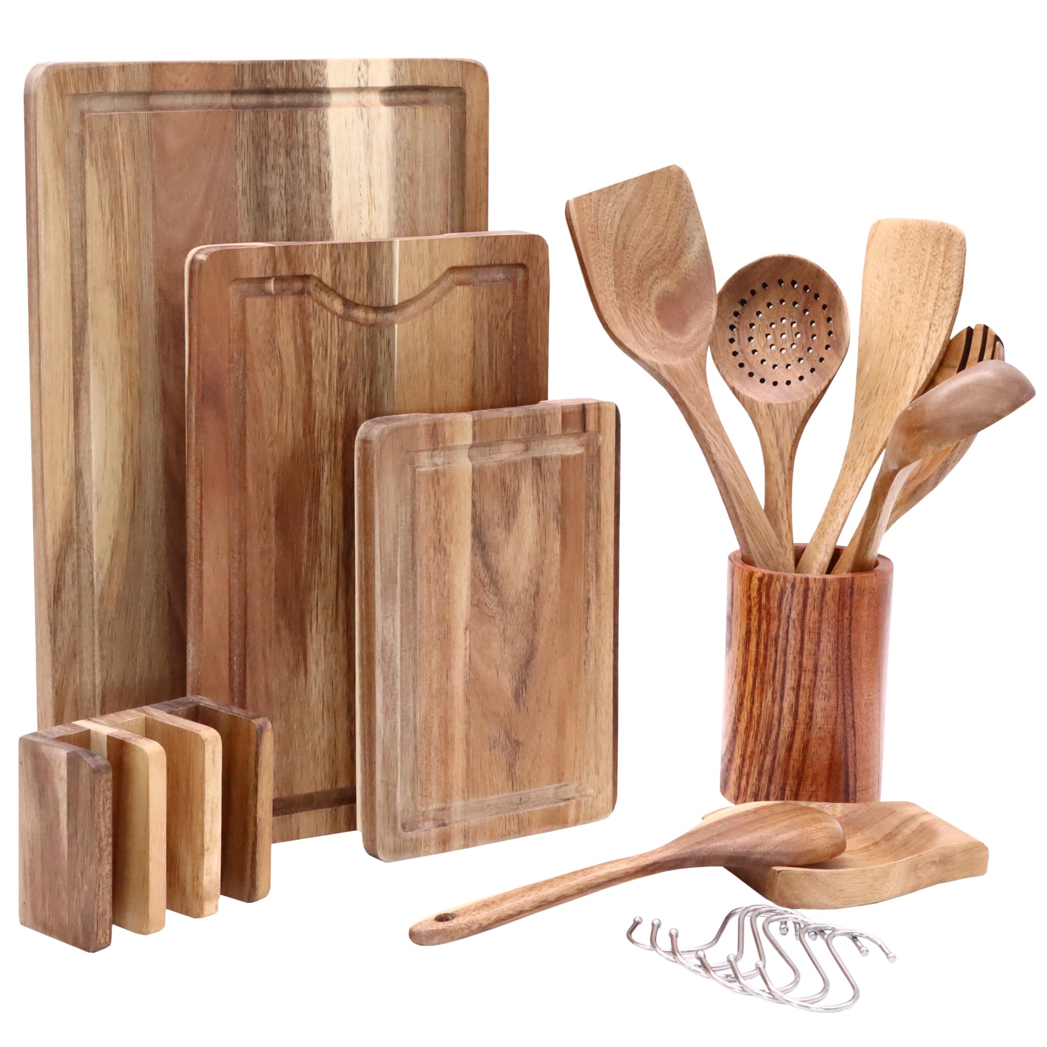 Lacers PurpleLine - Bundle - Holzschneidebrett 4-teilig mit Saftrille & rutschfesten Füßen/Kochlöffelset 14-teilig aus Akazienholz - Vielseitiger und nachhaltiger Küchenhelfer für die Küche