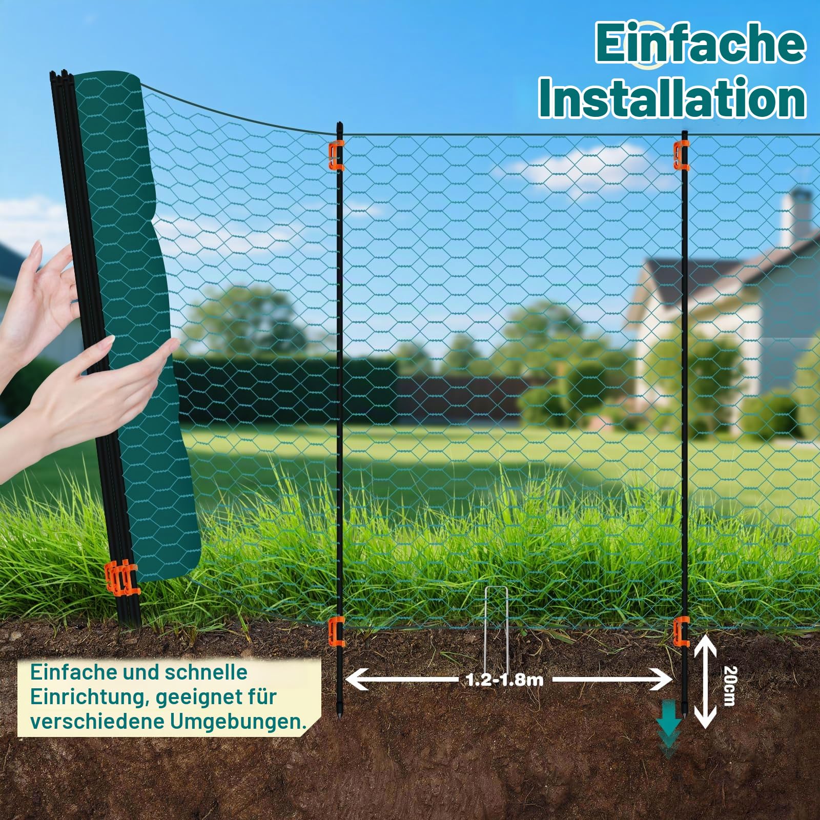 Begrenzungszaun Maschendrahtzaun mobiler Hühnerzaun & Hundezaun, 120 cm Höhe, Kunststoff beschichtet, Geflügelzaun Set mit Fiberglaspfosten für Garten & Tiergehege，15m