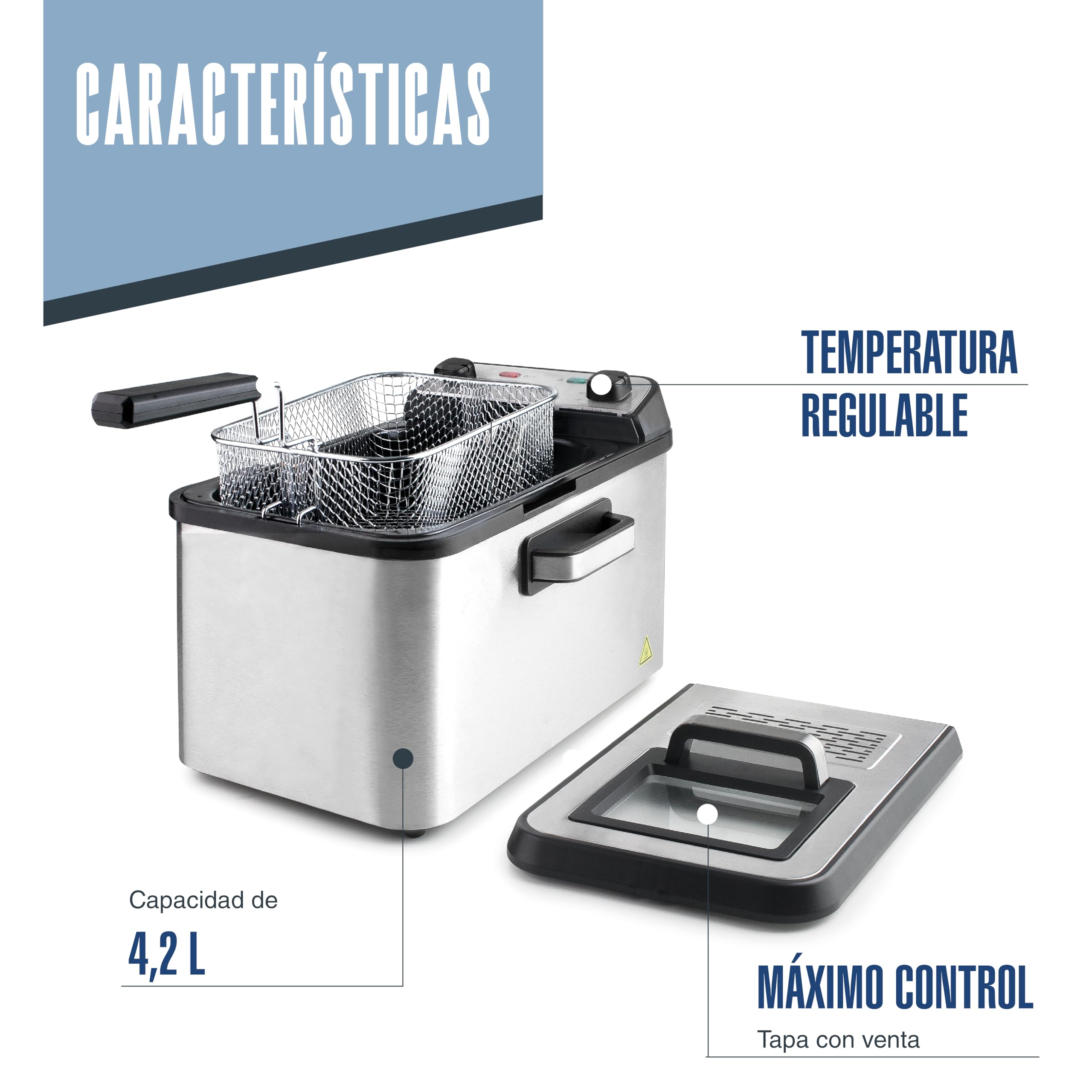 Lacor 69447 - Freidora Eléctrica Intact, Acero Inoxidable, Alta Potencia | En acero inoxidable, frituras crujientes y homogéneas; con 4,2 L de capacidad, versátil para tus preparaciones del día a día