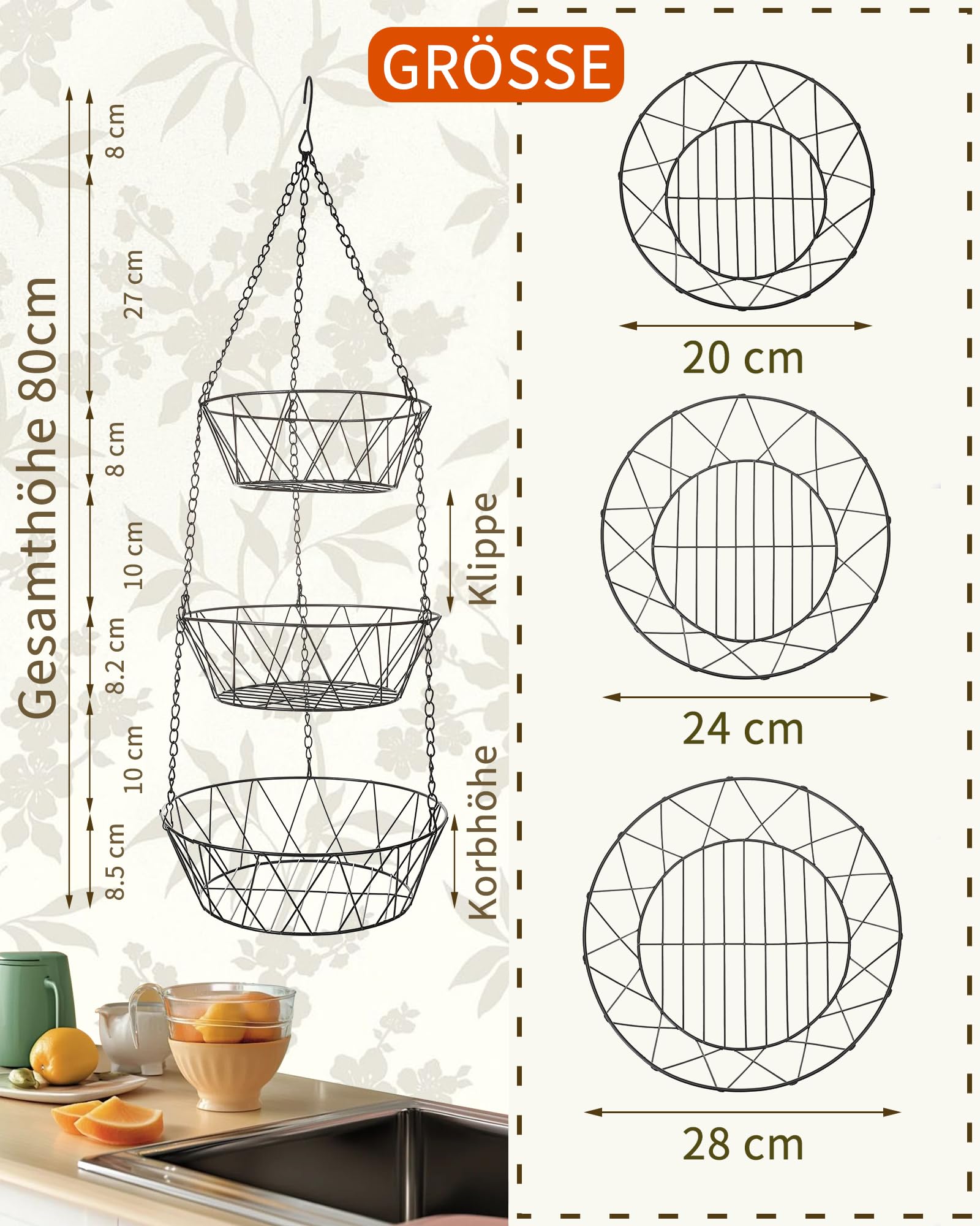 Home Bay Fruit Hub Hängender Obstkorb für die Küche, 3-stöckige abnehmbare Draht-Etagere, Obst- und Gemüseaufbewahrung, Wandmontage, Schwarz, Rund, unabhängig nutzbar