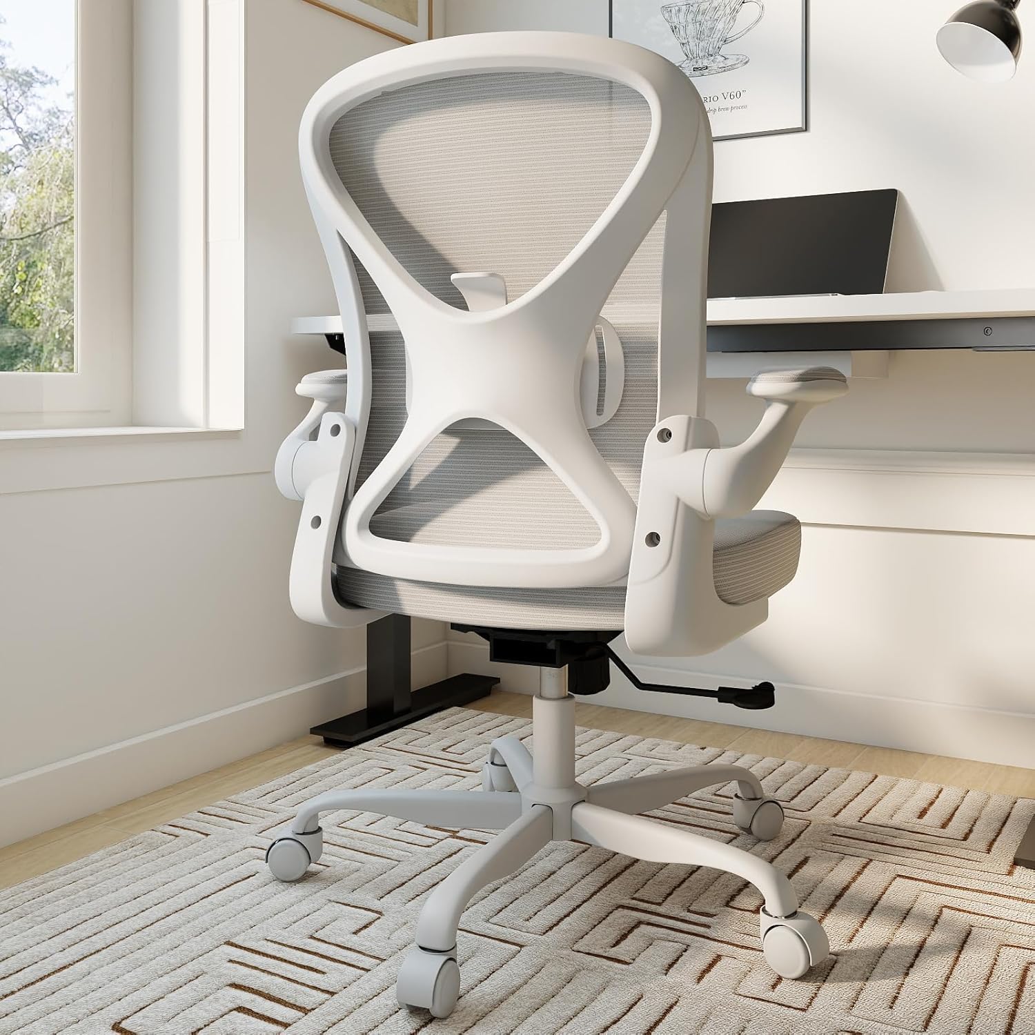 Keratee Ergonomic Office Chair with Adjustable Lumbar Support, Mesh Home Office Desk Chair with Flip-up Arms and Wheels, Grey