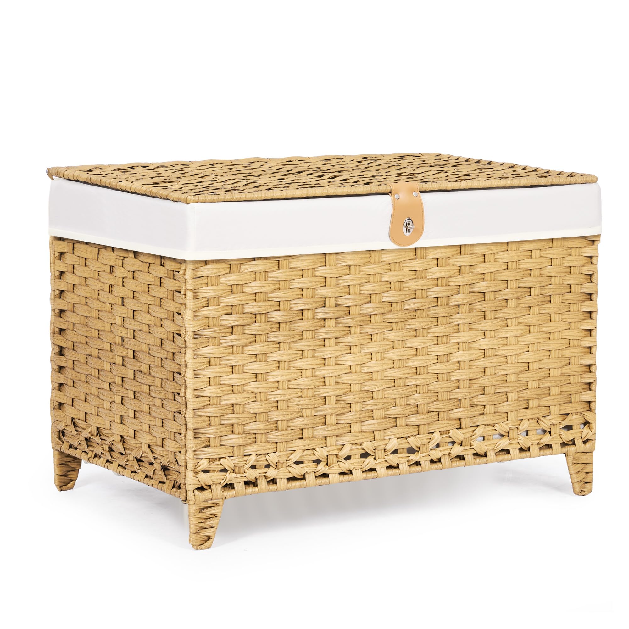 Wicker Storage Basket with Lid,Rattan Shelf Basket with Removable Liner Bag,105L Storage Bin,Storage Trunk with Heightened Feet,Storage Container for Wardrobe,Home Organizer