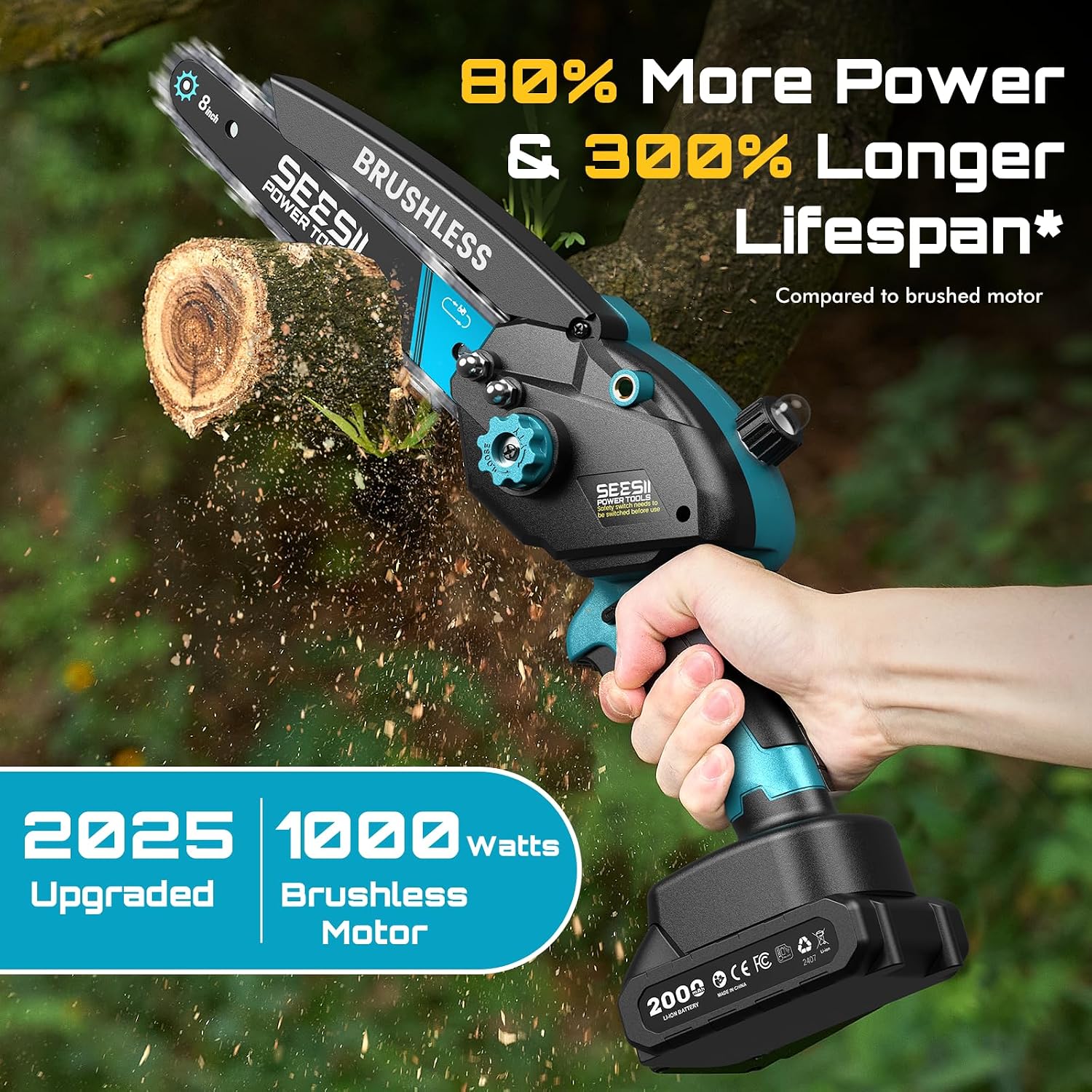 SEESII Mini Chainsaw with 'Brushless' label, highlighting its powerful motor.
