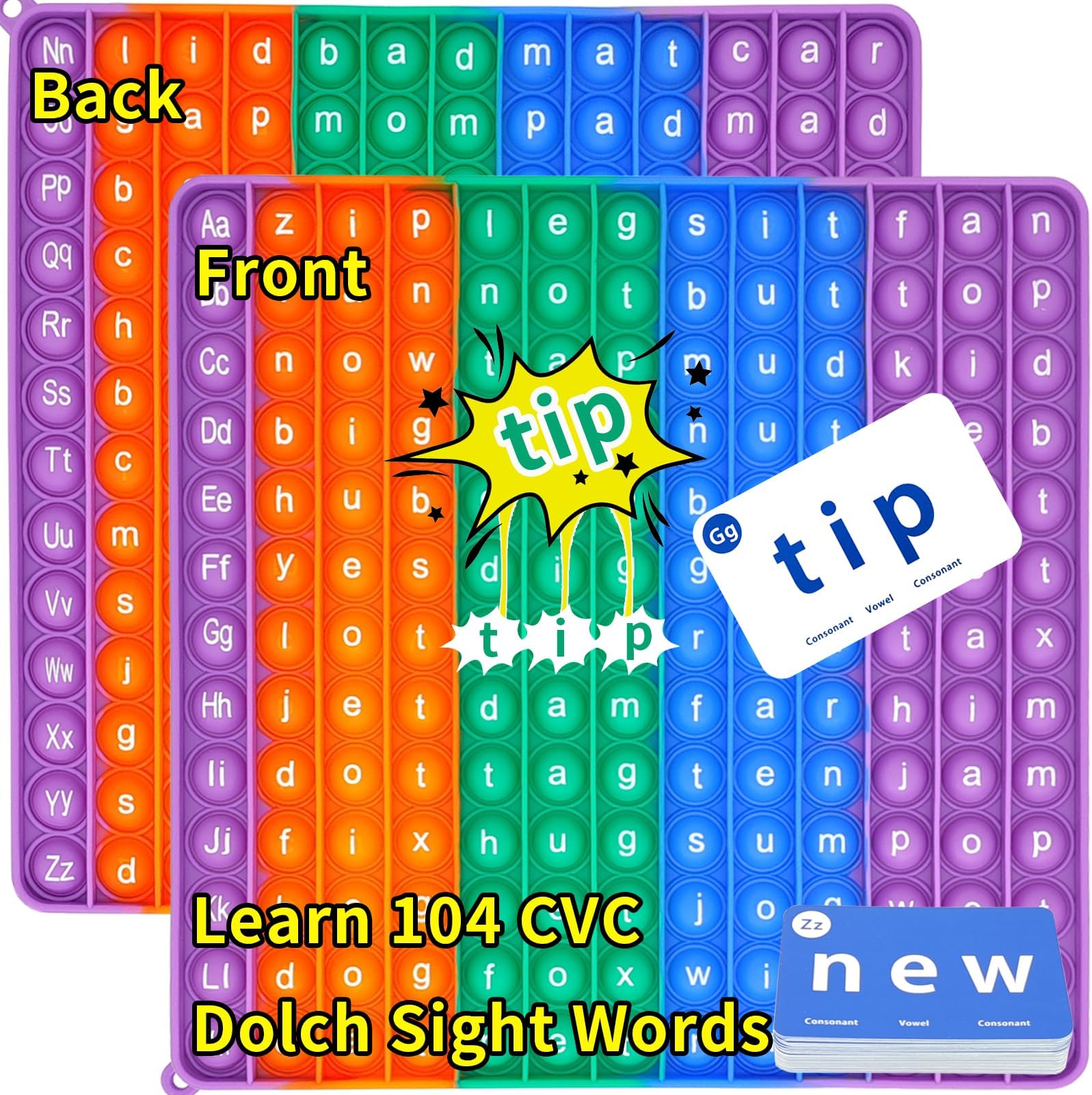 Dolch Sight Words & CVC Games: Press Bubble Fidget Flash Cards, Learn to Read with 104 High-Frequency Words, Phonics Fun for Preschool Kindergarten 1st 2nd 3rd Grade-YGC LAOMI