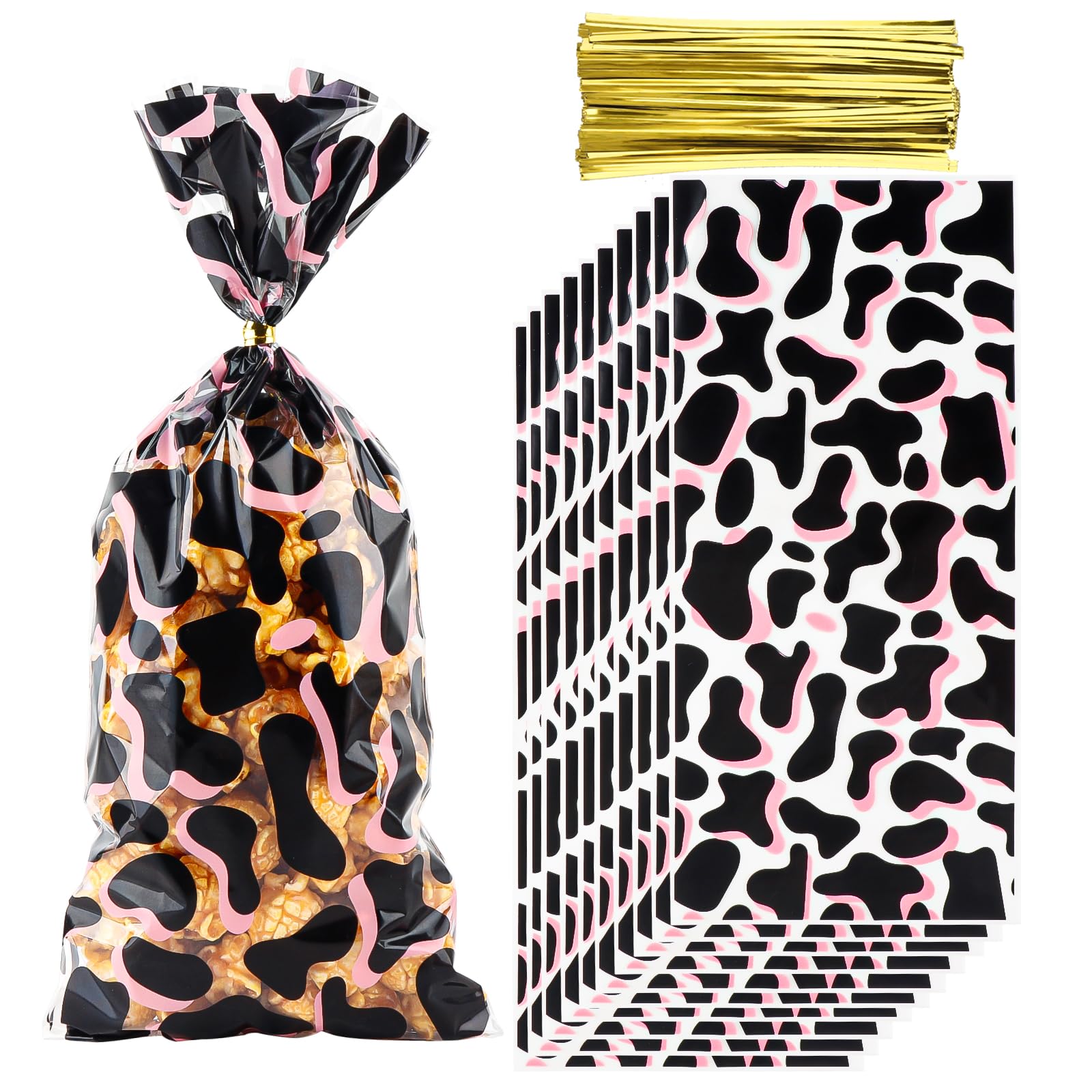 50 Pcs Cellophane Treat Bags Cow Cellophane Candy Cookies Gift Bags 5"X10.8" with Twist Ties for Snack Bakery Birthday Wedding Party