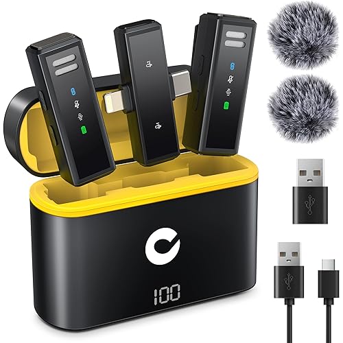 CAHAYA Microphone for iPhone Mic: YouTube Wireless Lavalier Microphone with Noise Cancelling & Charging Case 3-in1 USB-C/Lightning for PC iPhone Android 24H Battery for TikTok Vlog Studio Mic