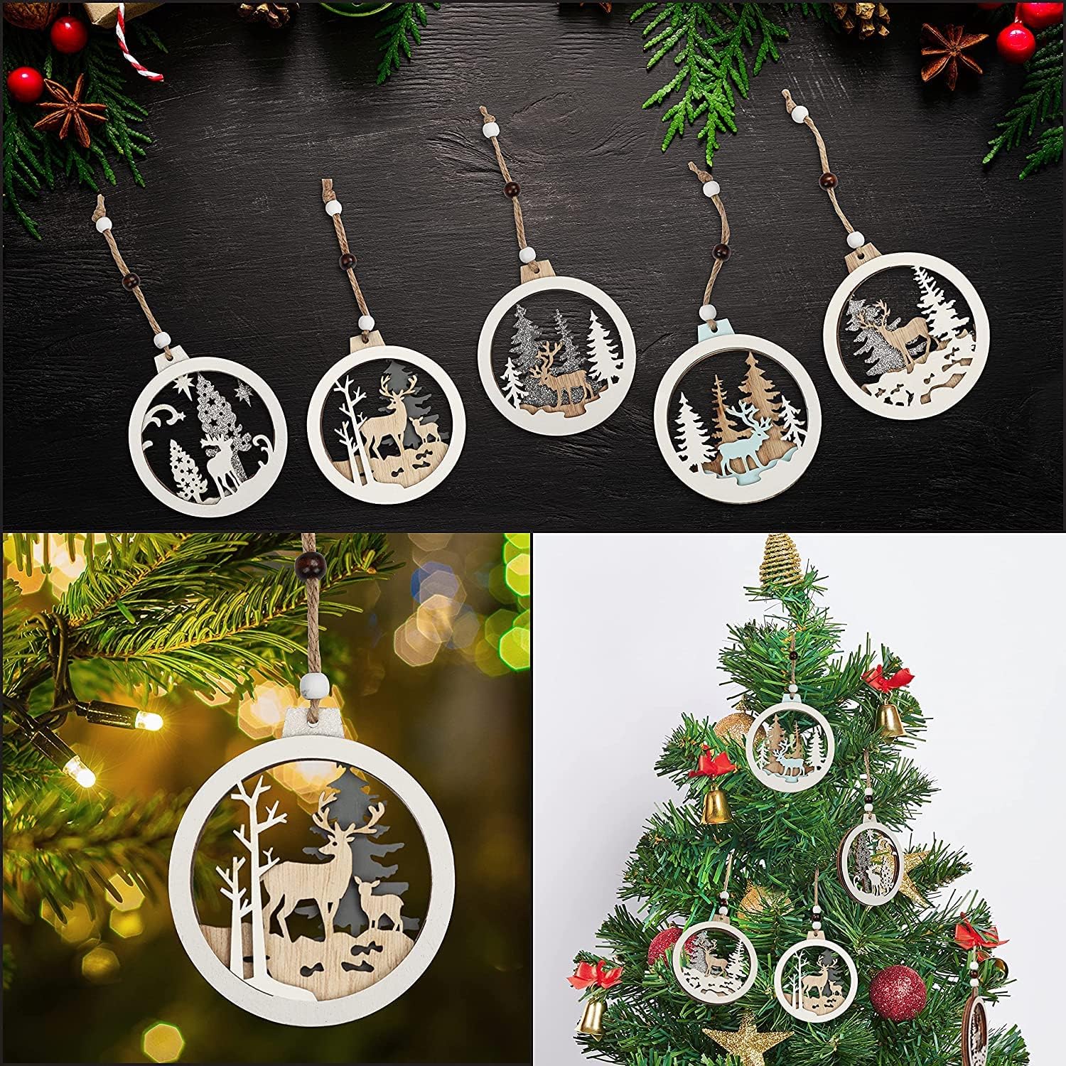 About Space Christmas Tree Decoration - Wooden Carved Laser Cut Reindeer Hanging Tree Ornaments with String - Reindeer Hanging Pendant Xmas Party for Decor (Set of 5,10x10cm)