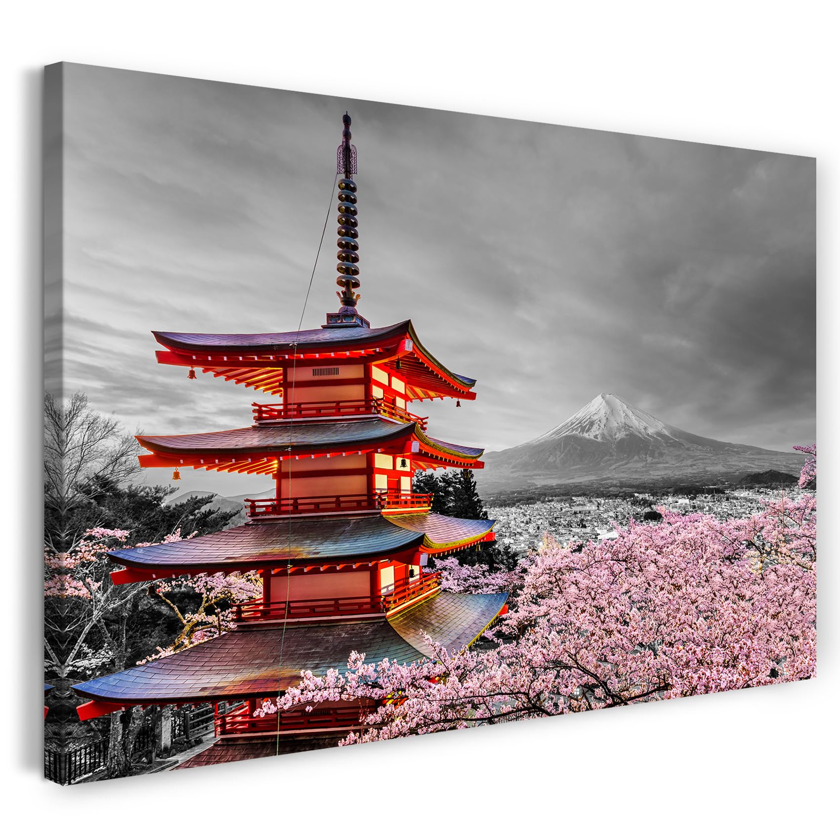 Print on Canvas (60x40 cm) Asian temple, Japanese photography with cherry blossoms, real wood frame with hook