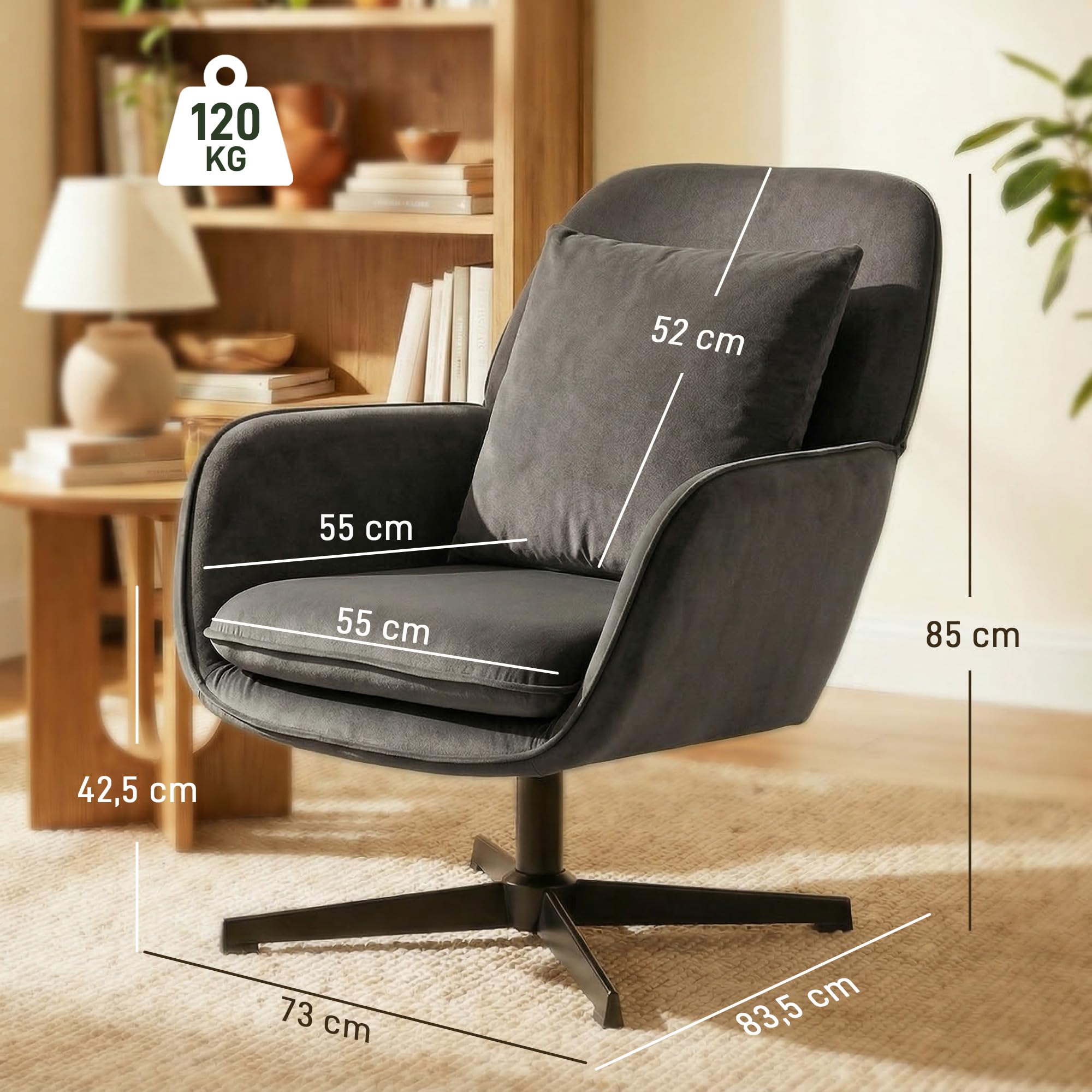 HOMCOM Sillón Giratorio de Terciopelo Asiento Ancho Gris Oscuro | Silla de acento, cojín, marco de metal, para sala de estar, dormitorio, rincón de lectura