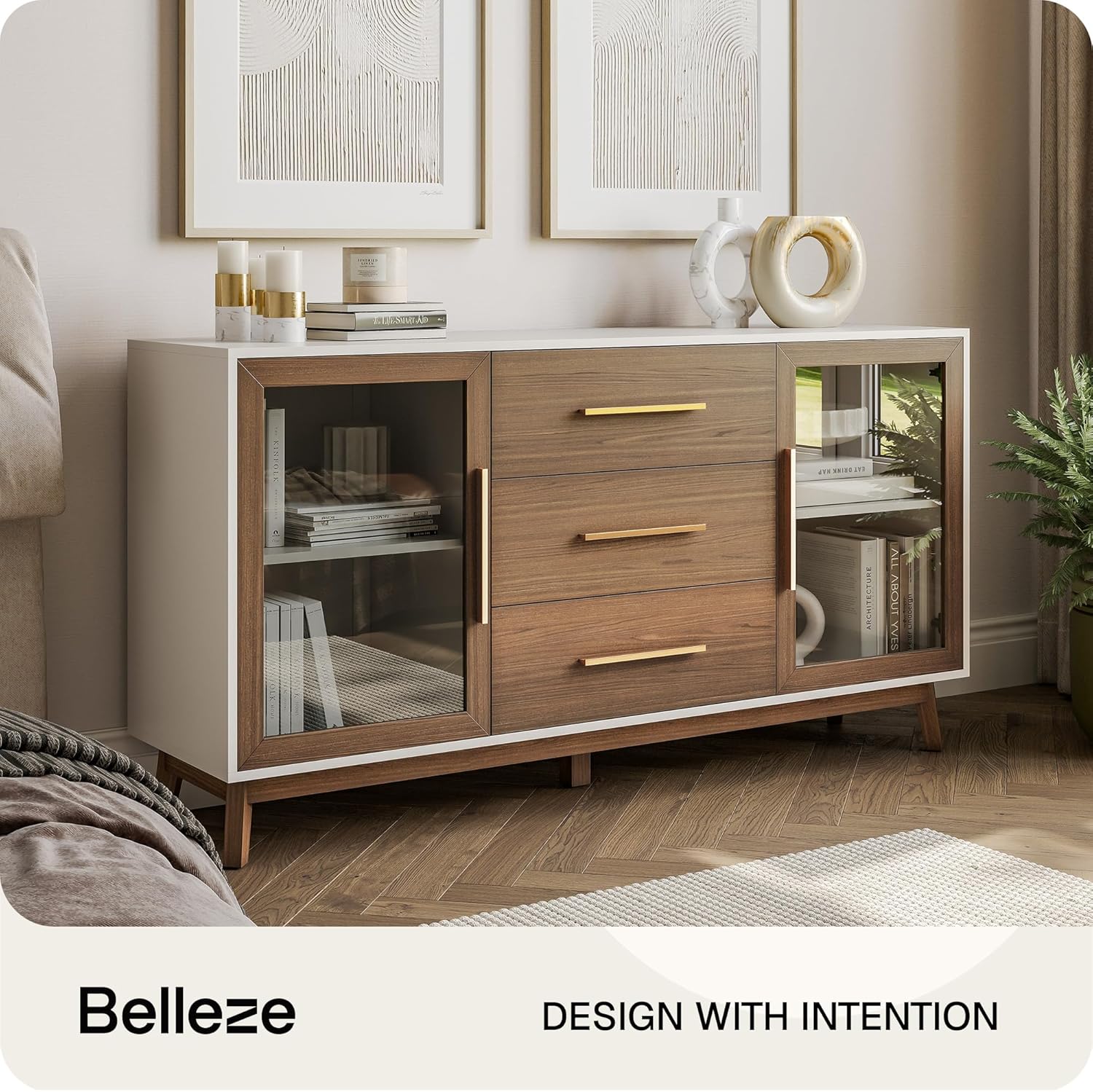 BELLEZE 60‘’ Sideboard Buffet, Console Table with 3 Drawers & 2 Glass Doors, Accent Storage Cabinet for Kitchen, Living Room Dining Room Hallway, Brown