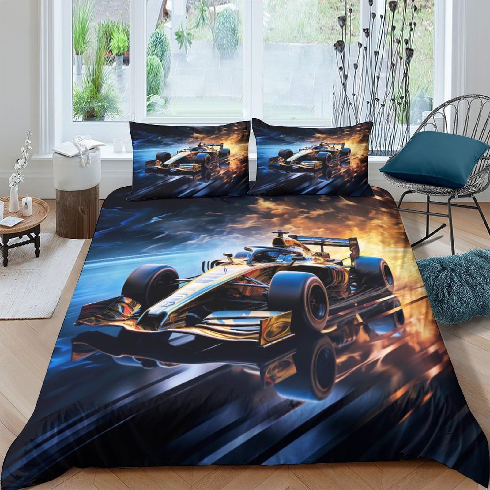 HOTGE F1 Car Racing 3 Pieces Duvet Cover Set Sports Car 3D Printed Bedding Quilt Cover with Zipper Closure for Girls Boys, Ultra Soft Microfiber Bedding King（220x240cm）