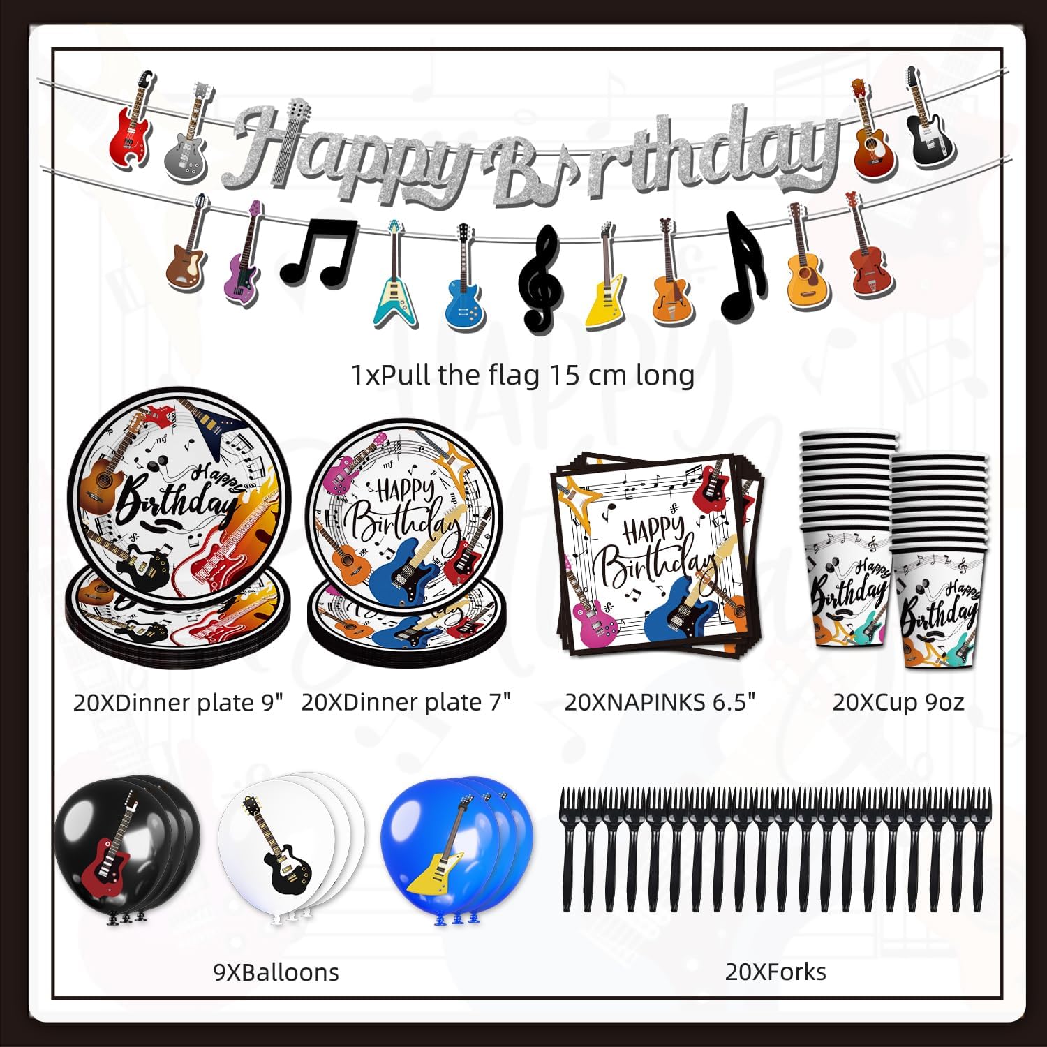 Music Theme Party Decorations 110pcs Guitar Birthday Party Decorations, Music Happy Birthday Banner, Ballons,Tableware for Rock Baby Supplies, White